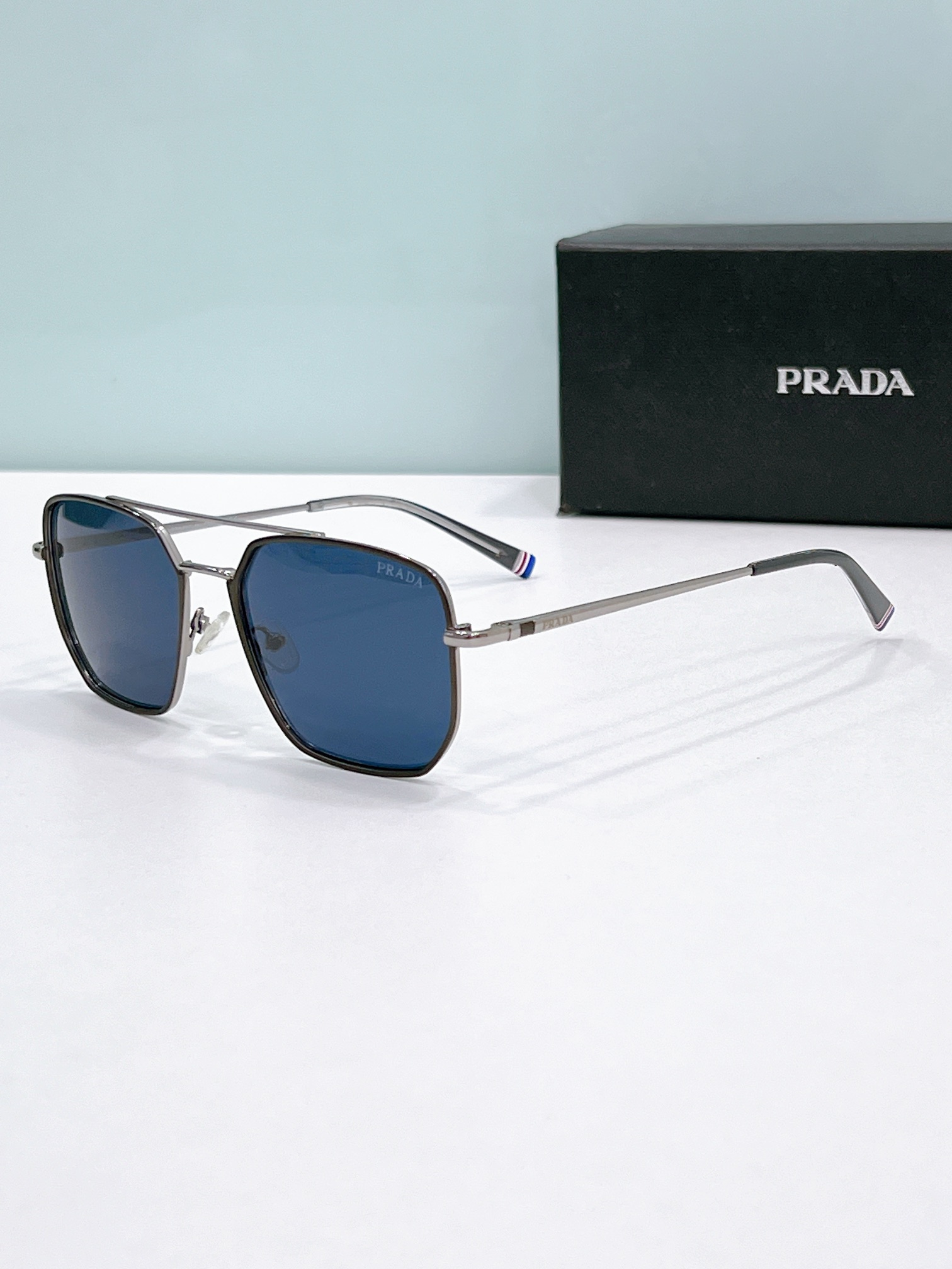 Prada Gunmetal - Tone Metal Square Aviator Sunglasses with Color - Accented Temples (Model: PR4458S)