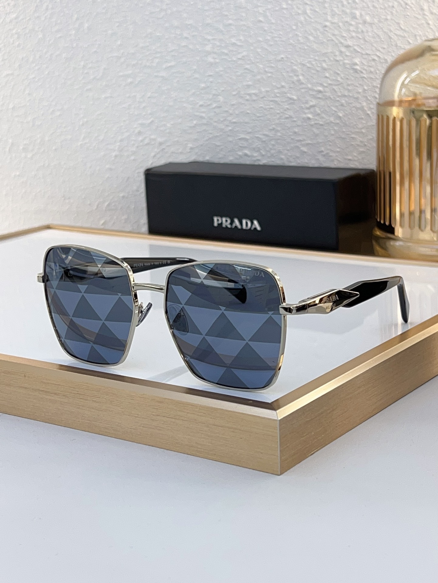 Prada Silver - Tone Metal Square Sunglasses with Geometric - Patterned Lenses (Model: PR4236S)