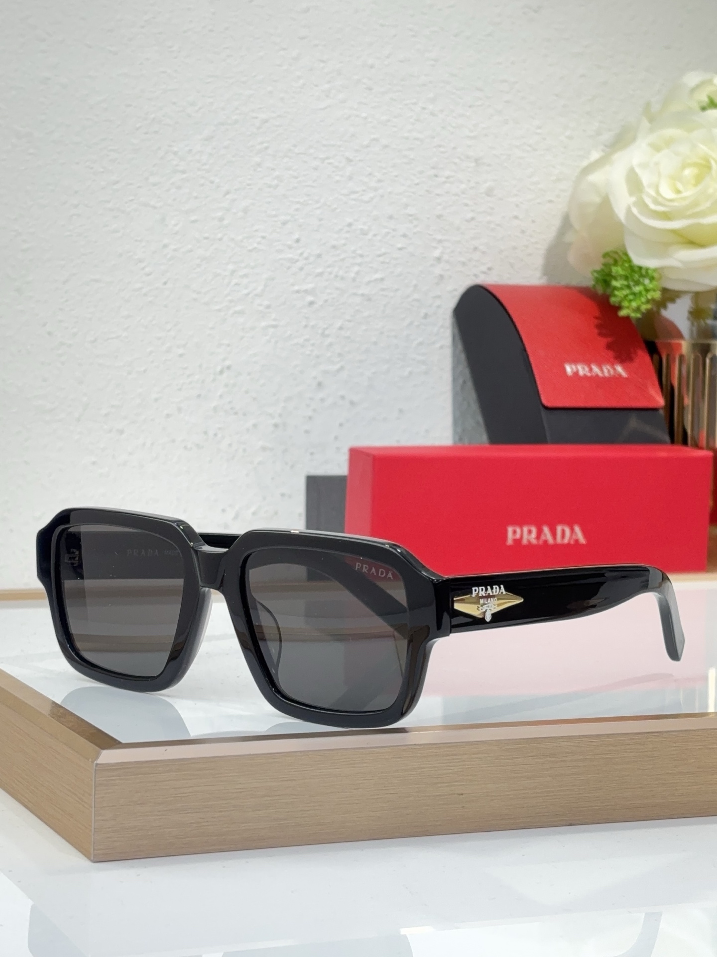 Prada Black Acetate Square Sunglasses with Gold Accents (Model: PR3125S)