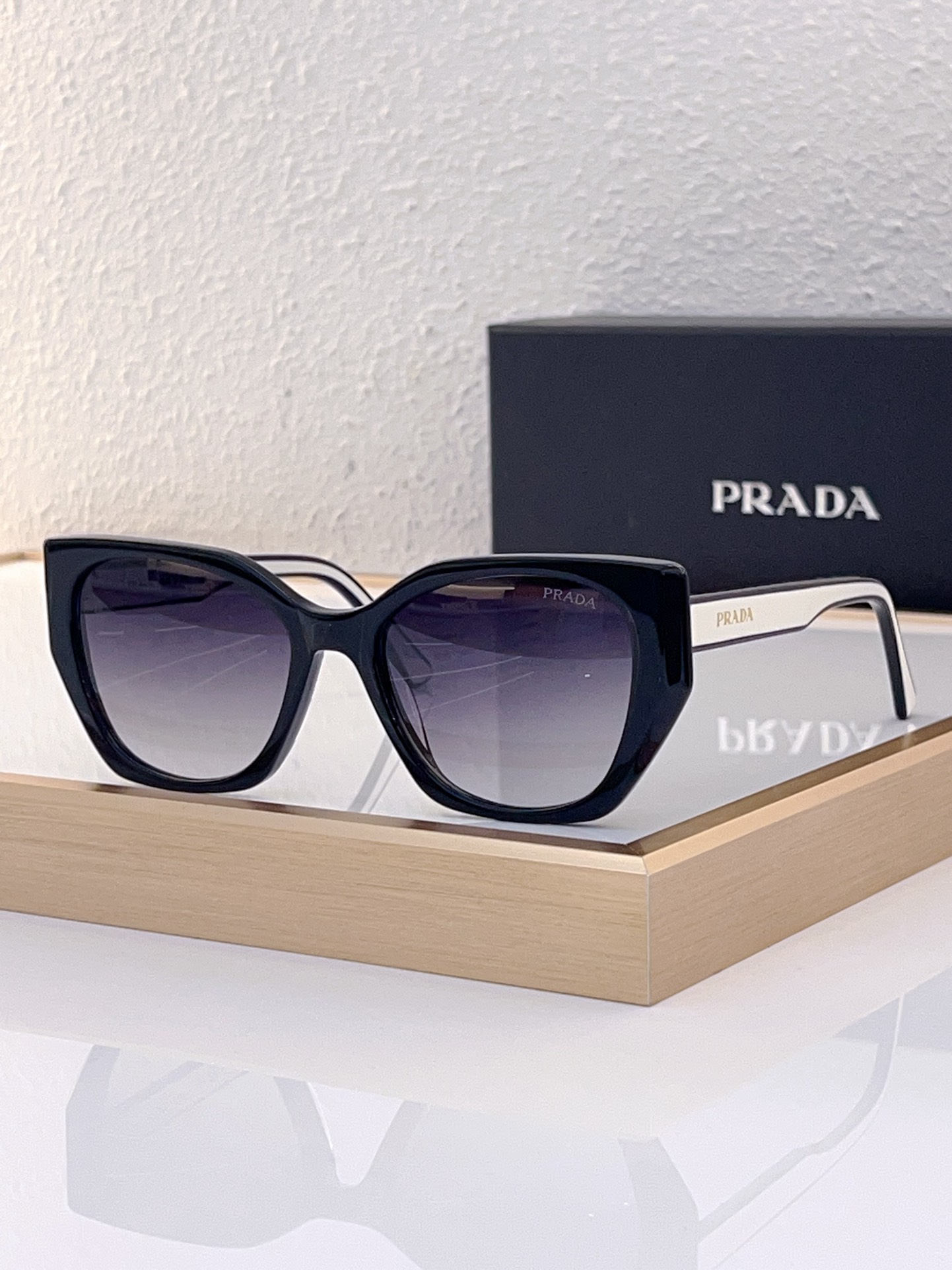 Prada Black - White Acetate Square - Cat Eye Sunglasses (Model: PR07XS)