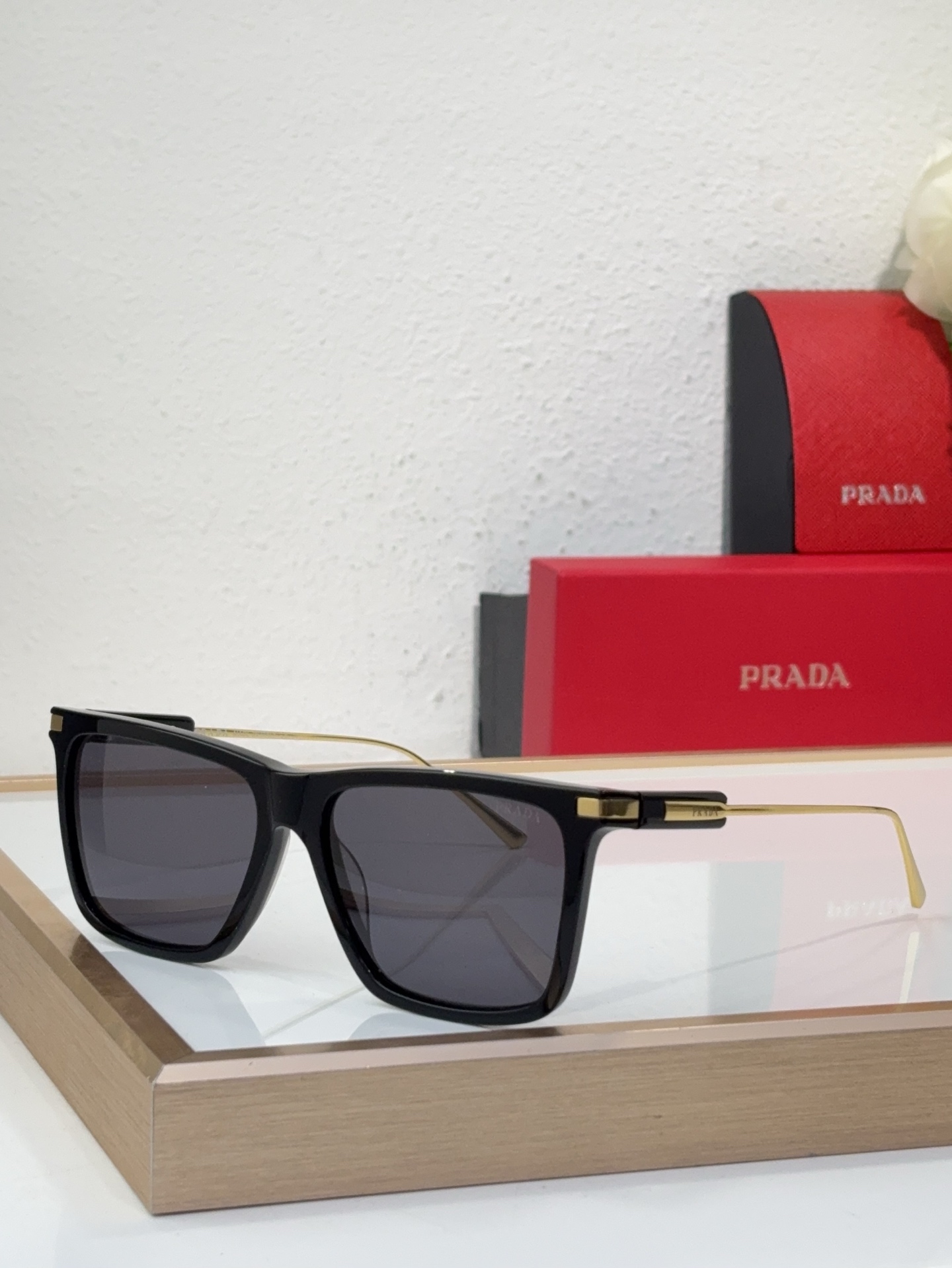 Prada Black Acetate - Gold Metal Square Sunglasses (Model: PR1234S)