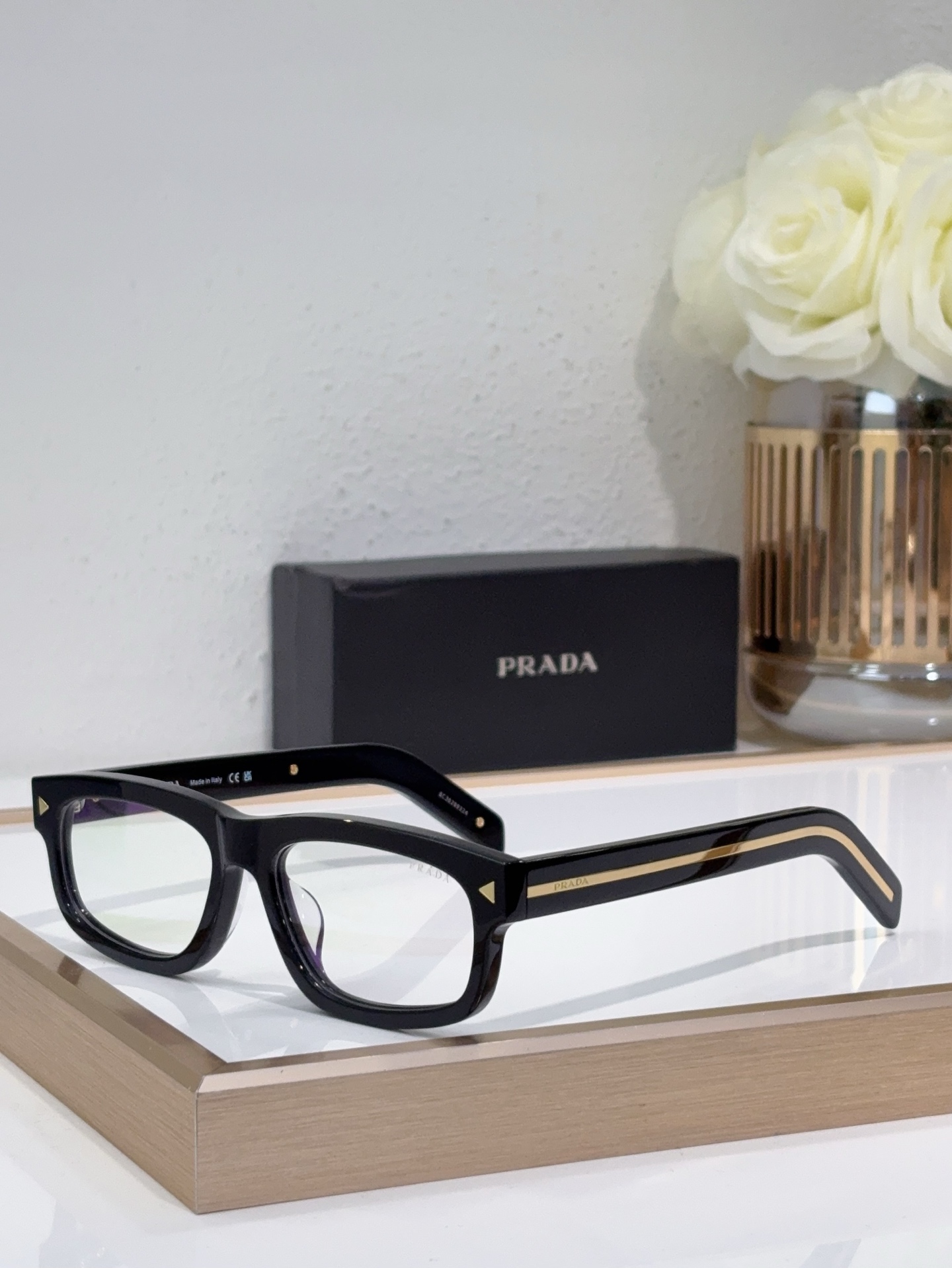 Prada Black Acetate Square Optical Glasses with Gold Accents (Model: PR06YV)