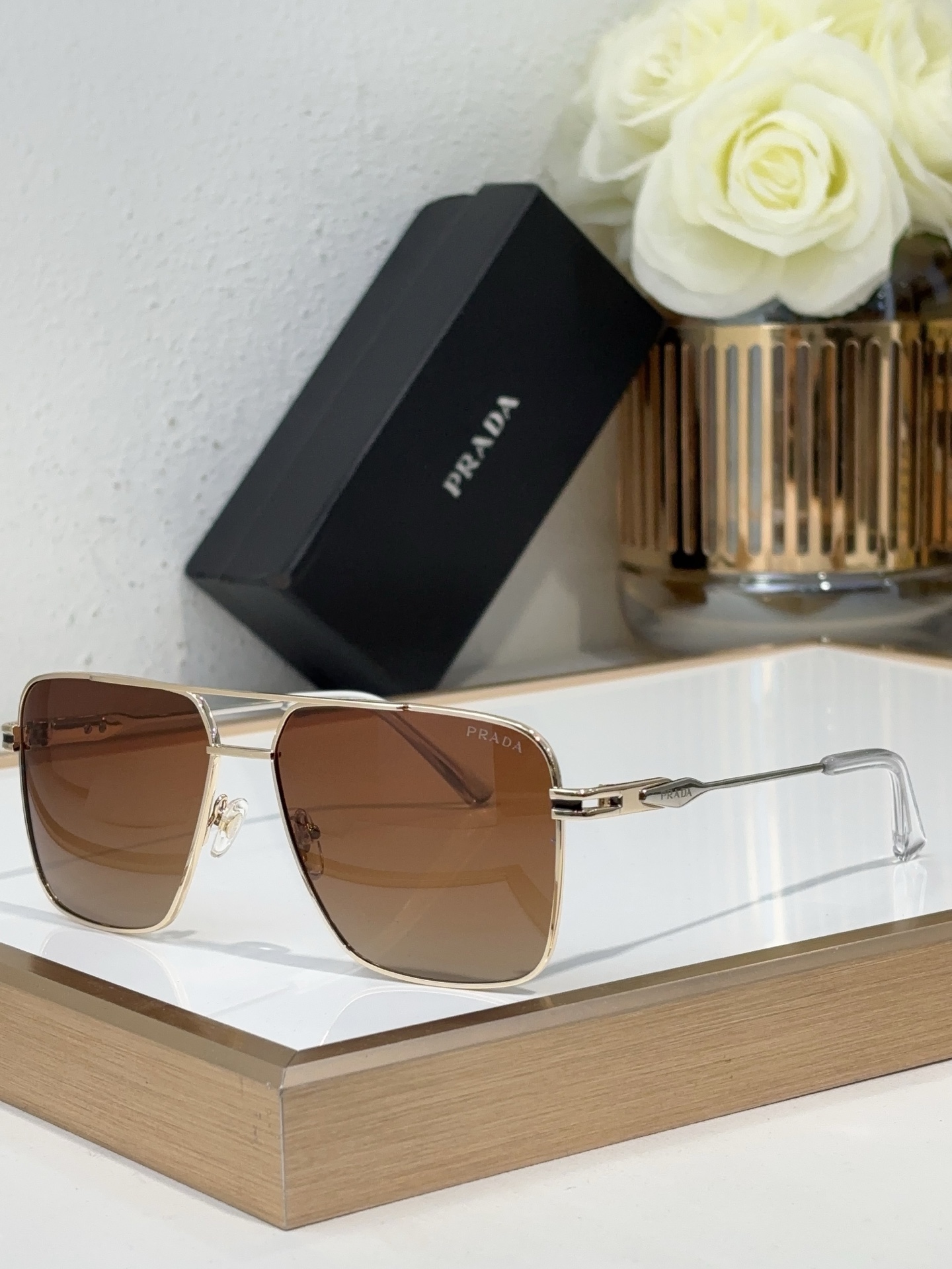 Prada Gold - Tone Metal Square Aviator Sunglasses (Model: PR4455S)