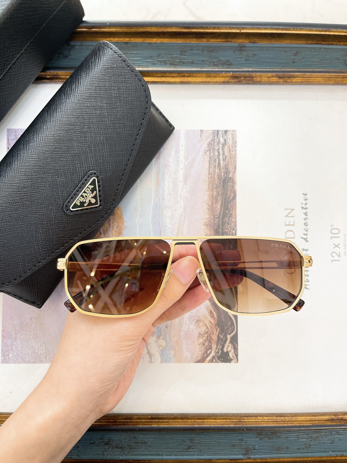 Prada Gold - Tone Metal Rectangular Aviator Sunglasses (Model: PR99XS)