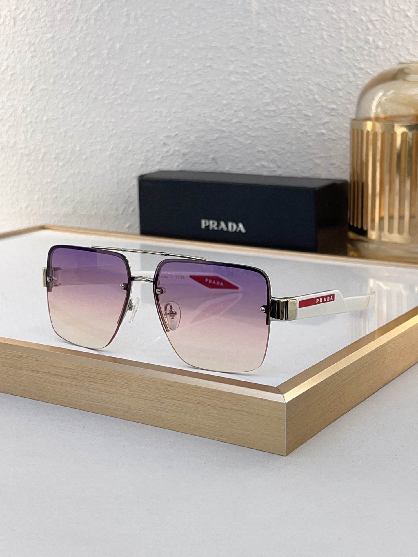 Prada Square Semi - Rimless Sunglasses with Gradient Purple Lenses (Model: PR0001S)