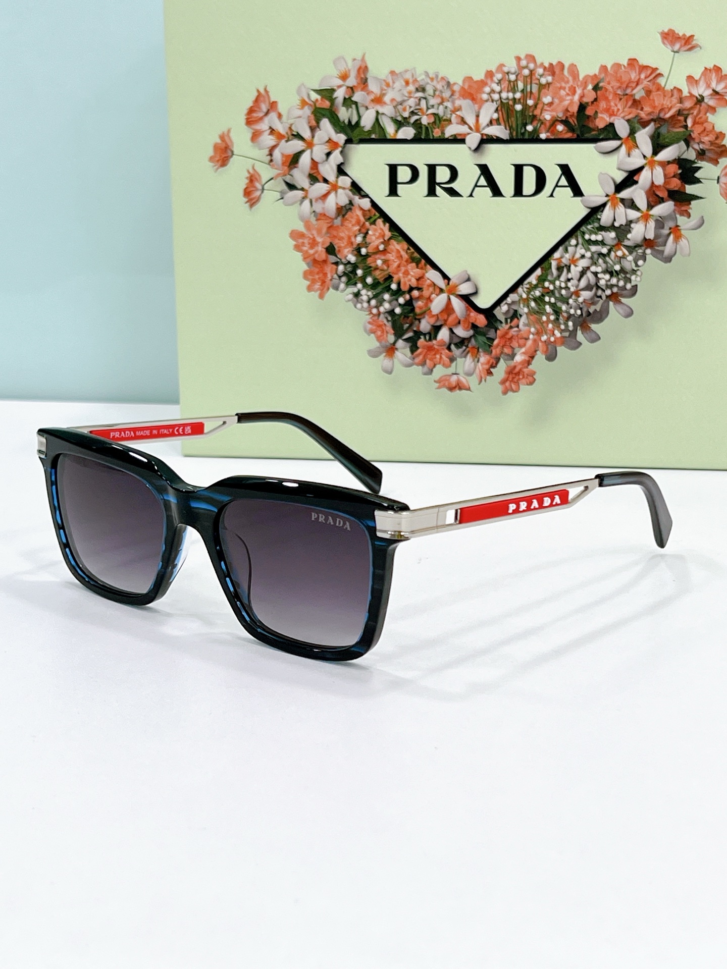 Prada Blue Gradient Acetate Square Sunglasses with Red - Silver Temples (Model: PR9876S)