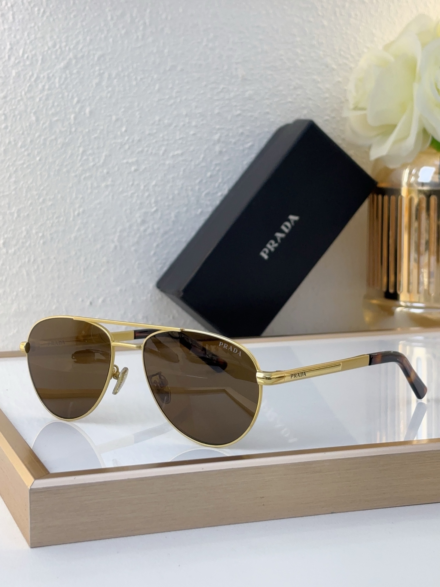Prada Black - Gold Metal Aviator Sunglasses with Yellow Lenses (Model: PR7890S)