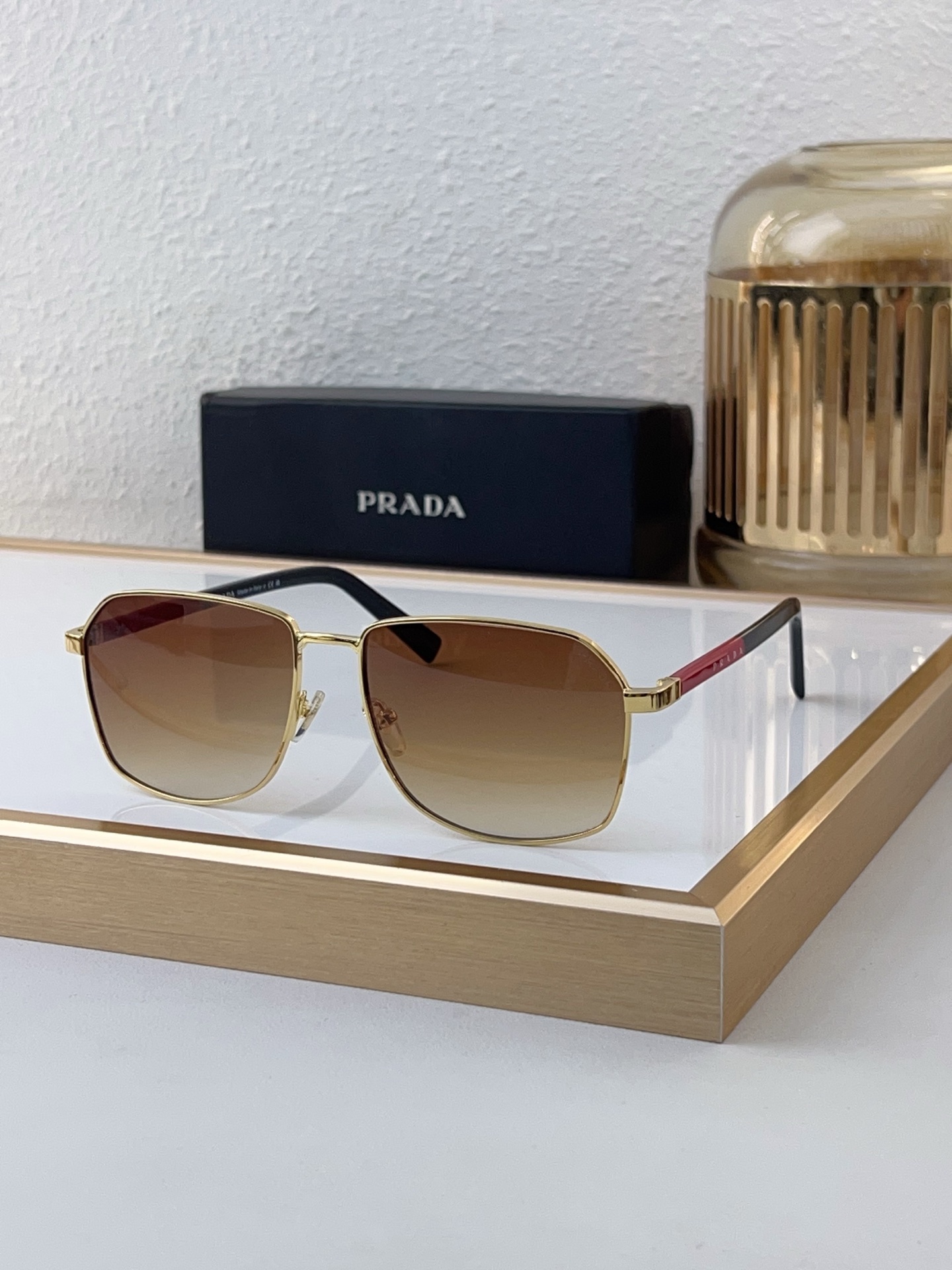 Prada Gold - Metal Square Sunglasses with Red - Black Temple Accents (Model: PR4567S)