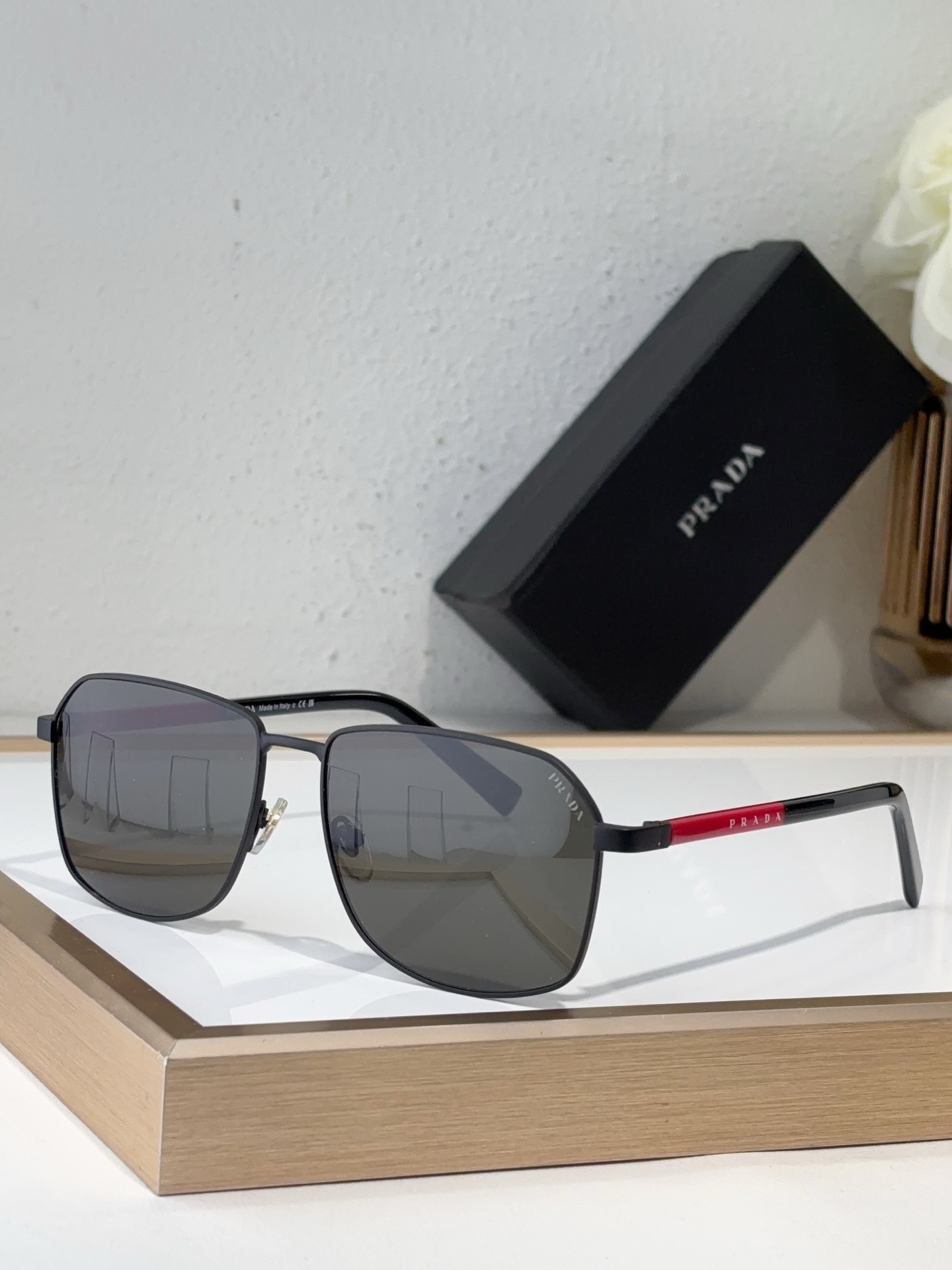 Prada Black - Metal Square Sunglasses with Red Accents (Model: PR1234S)