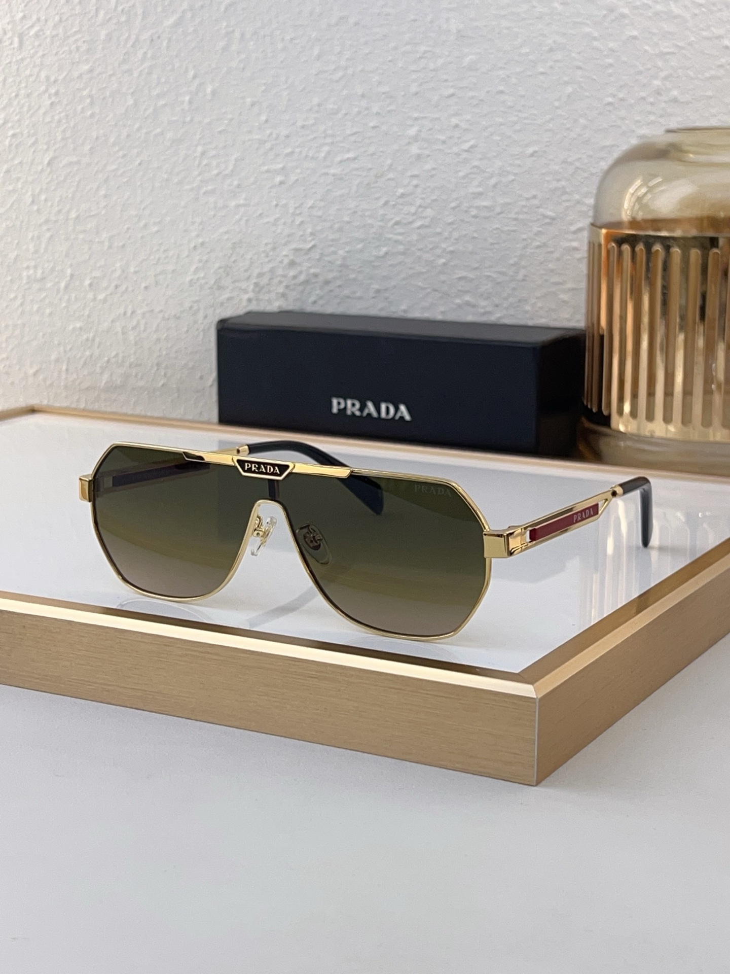 Prada Gold - Metal Shield - Shaped Sunglasses with Red Accents (Model: PR7890S)