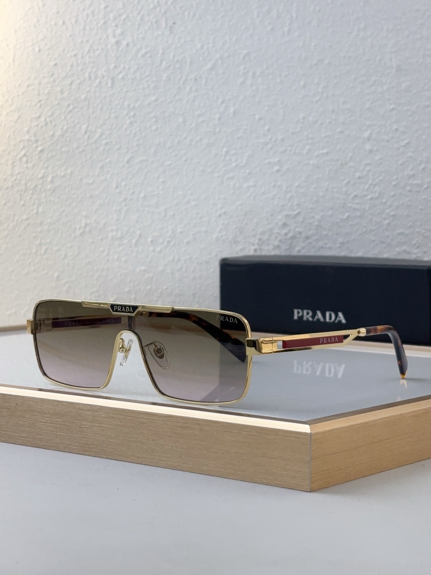 Prada Gold - Metal Square Shield Sunglasses with Tortoise & Red Accents (Model: PR9012S)