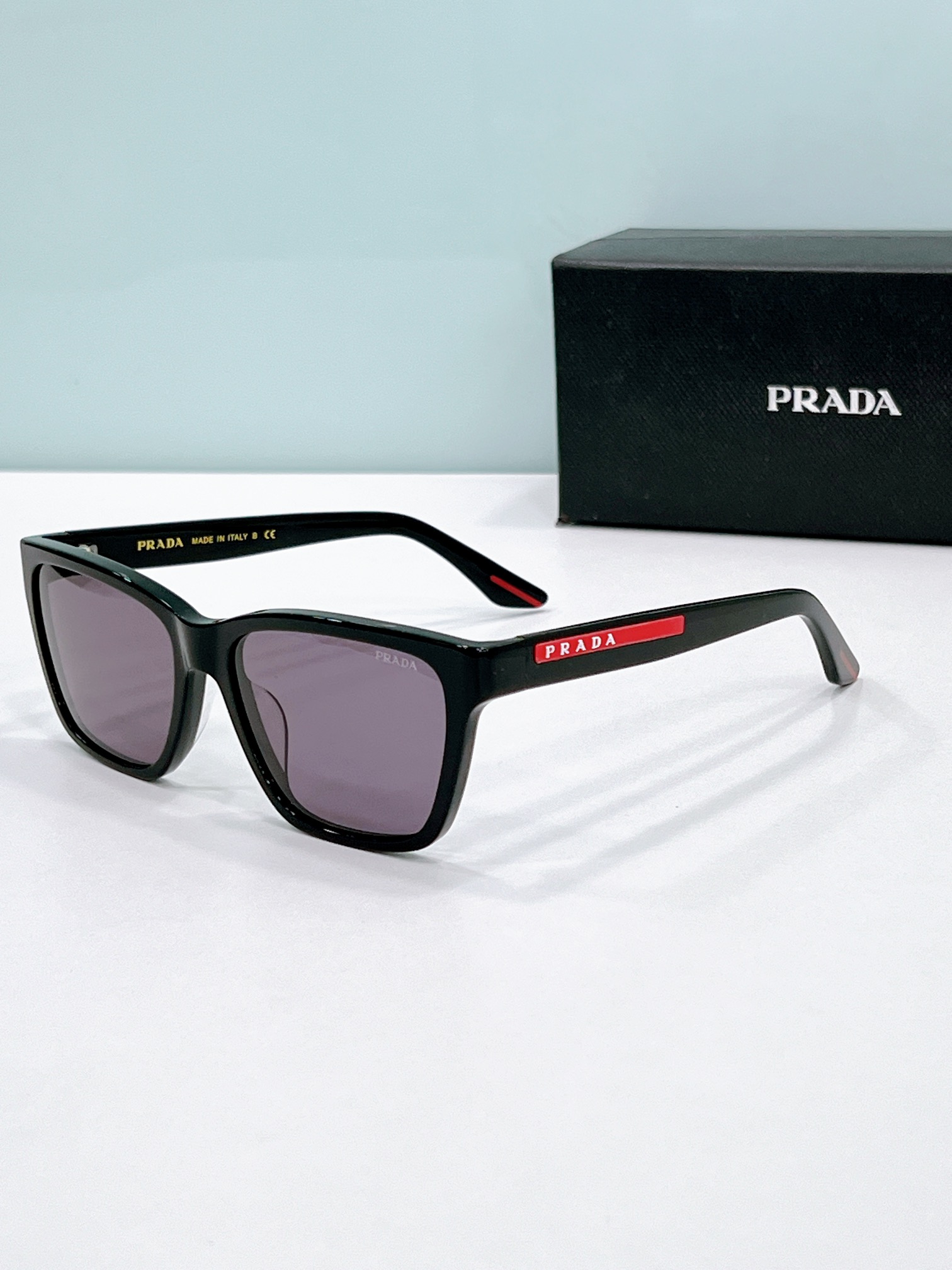 Prada Black Acetate Square Sunglasses with Red Accents (Model: PR1234S)