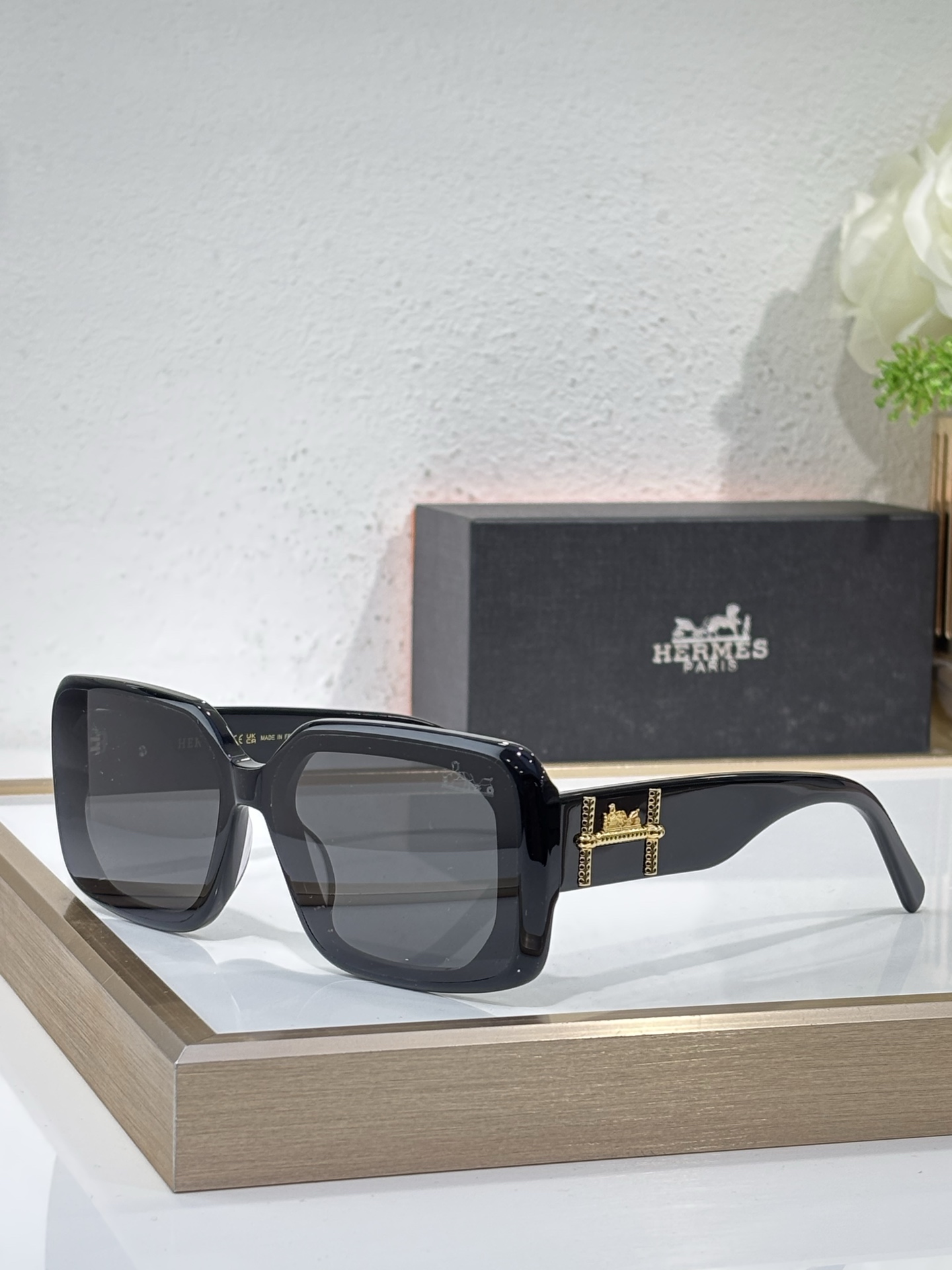 Hermès Black Acetate Square Sunglasses with Gold - Metal Accents (Model: HER016S)