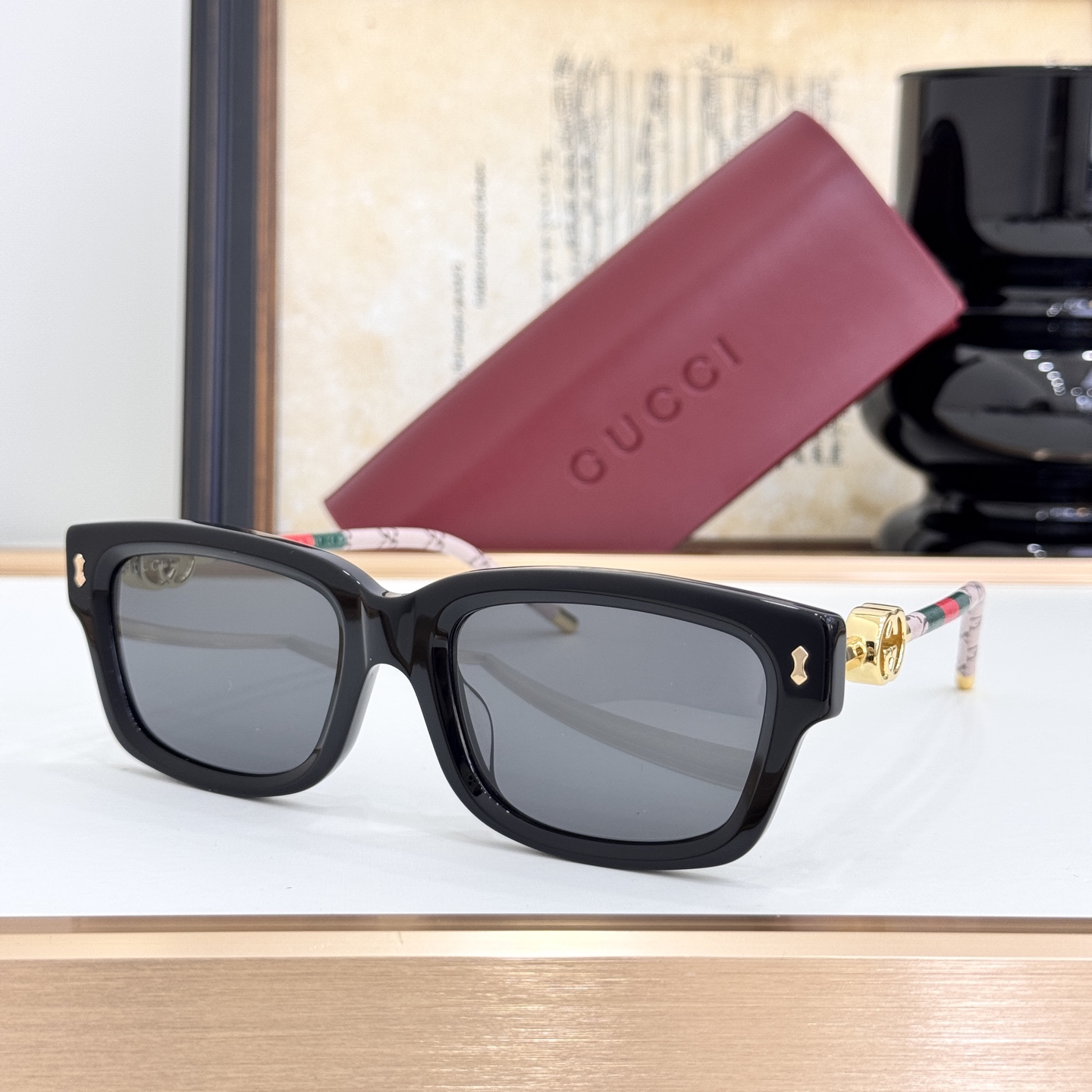 Gucci Black Acetate Square Sunglasses with Web - Stripe & GG - Print Temples (Model: GG1599S)