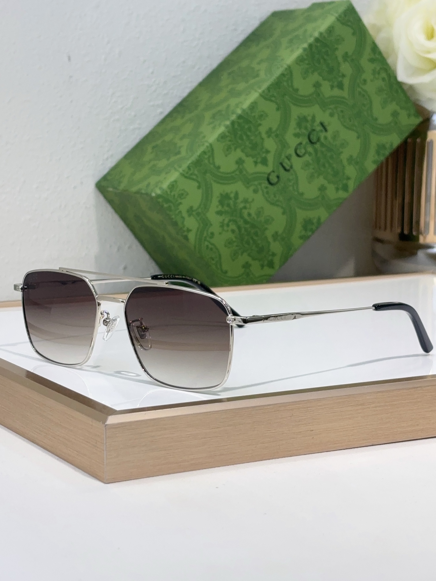 Gucci Silver - Tone Metal Square Aviator Sunglasses with Gradient Lenses (Model: GG1363S)