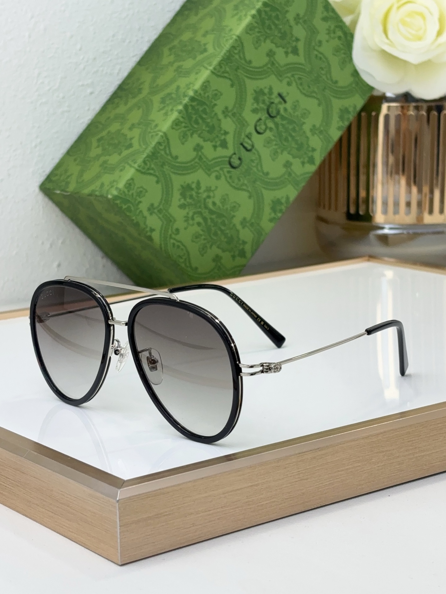 Gucci Black - Trimmed Metal Aviator Sunglasses with Gradient Lenses (Model: GG1362S)