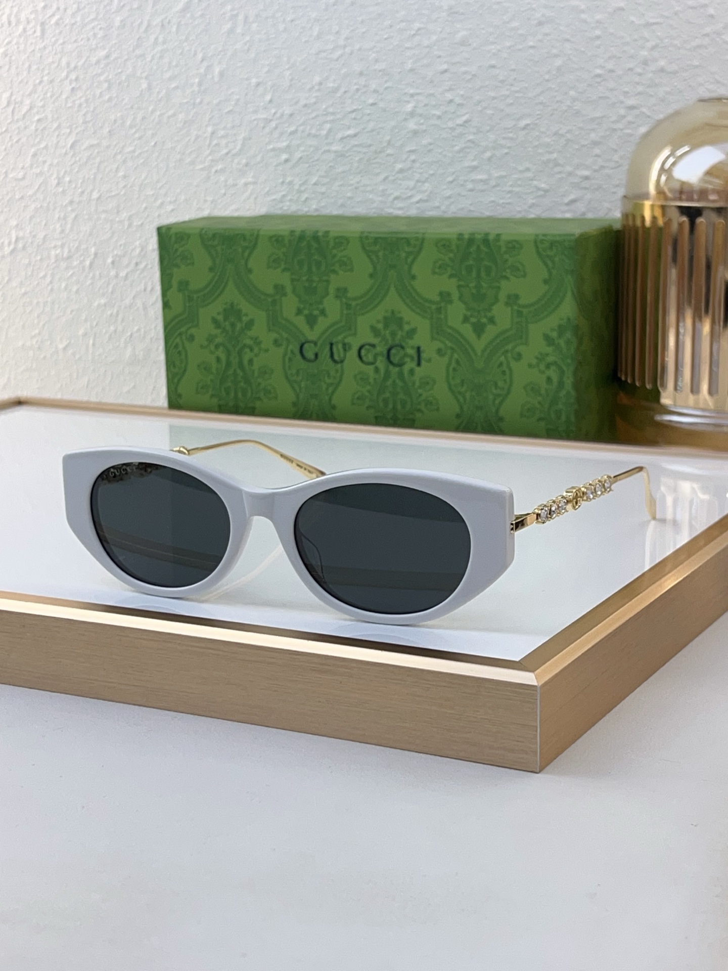 Gucci White Acetate Cat - Eye Sunglasses with Crystal & Gold - Tone Double G Temples (Model: GG1359S)