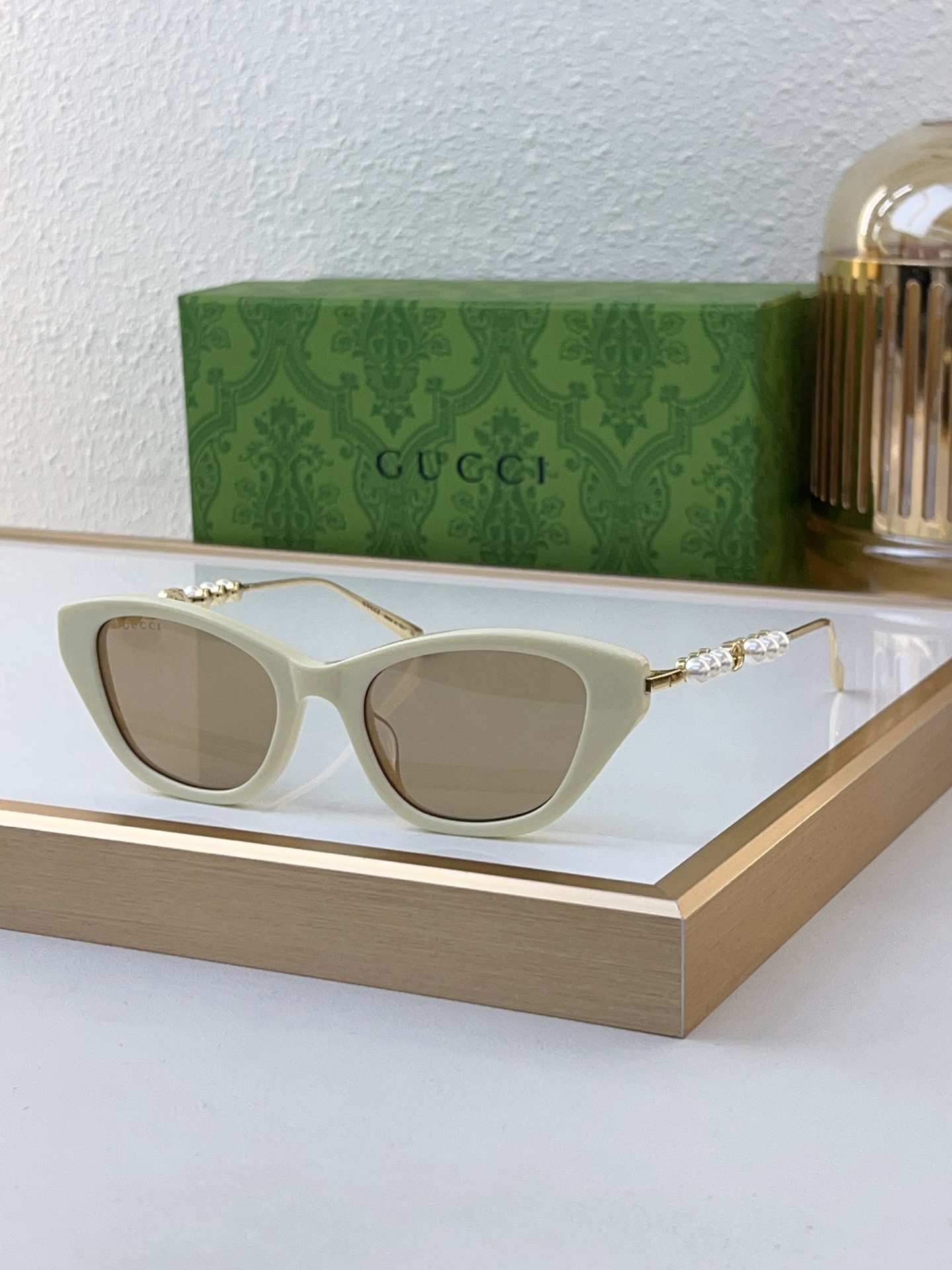 Gucci Cream Acetate Cat - Eye Sunglasses with Pearl & Gold - Tone Temples (Model: GG1357S)