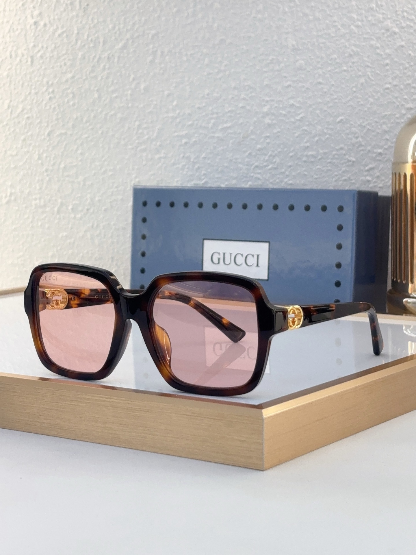 Gucci Black Acetate Square Sunglasses with Gold - Tone Double G (Model: GG1338S)