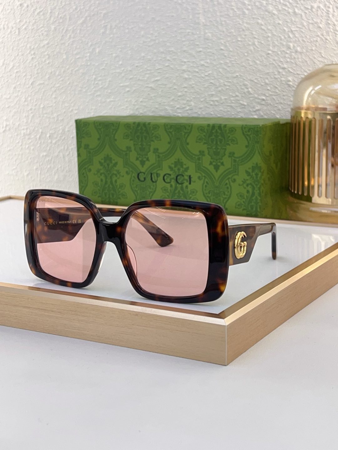 Gucci Tortoise - Effect Acetate Square Sunglasses with Gold Double G (Model: GG1337S)