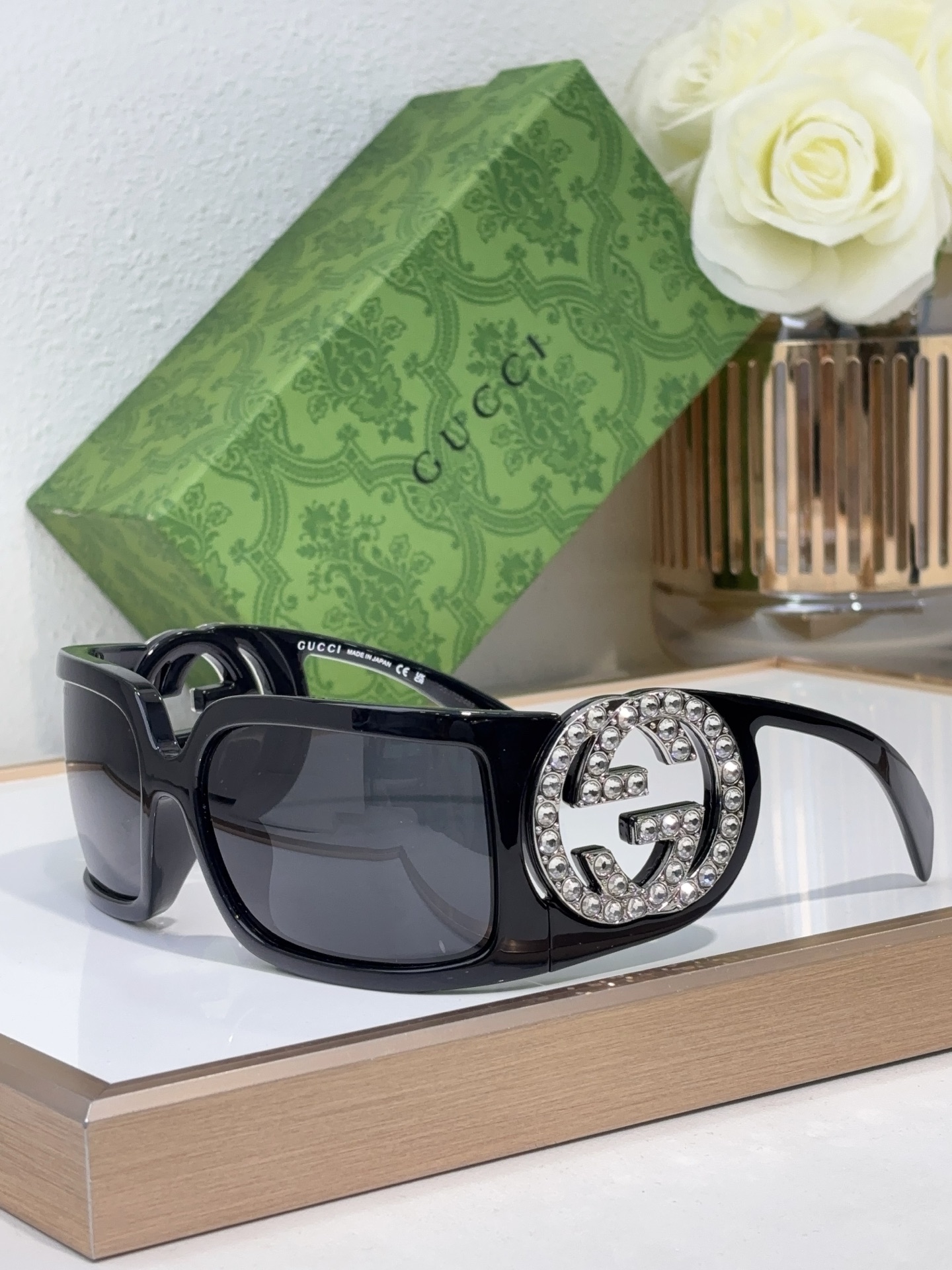 Gucci Black Acetate Square Sunglasses with Crystal - Embellished Double G (Model: GG1336S)