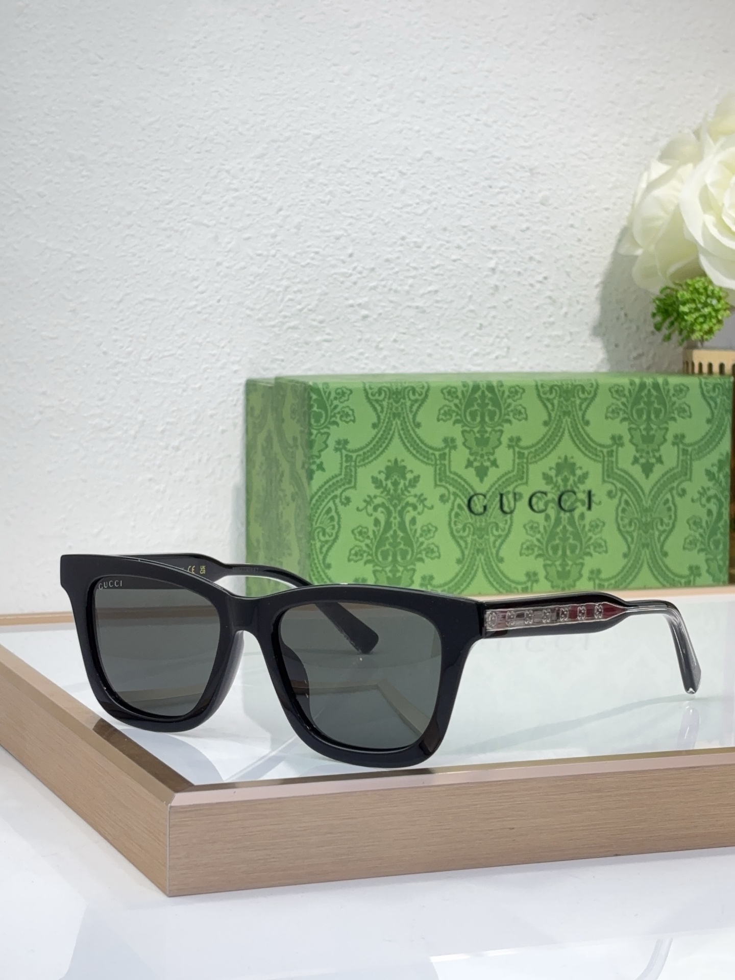 Gucci Black Acetate Square Sunglasses with Embellished Temples (Model: GG1331S)