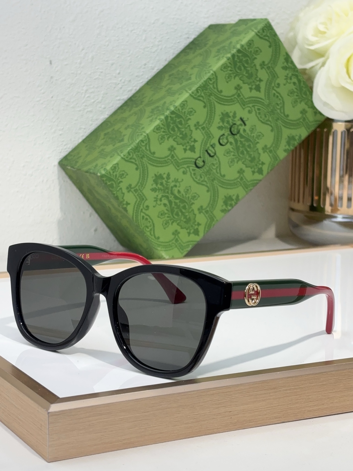 Gucci Black Acetate Square Sunglasses with Web Stripe & Double G (Model: GG1322S)