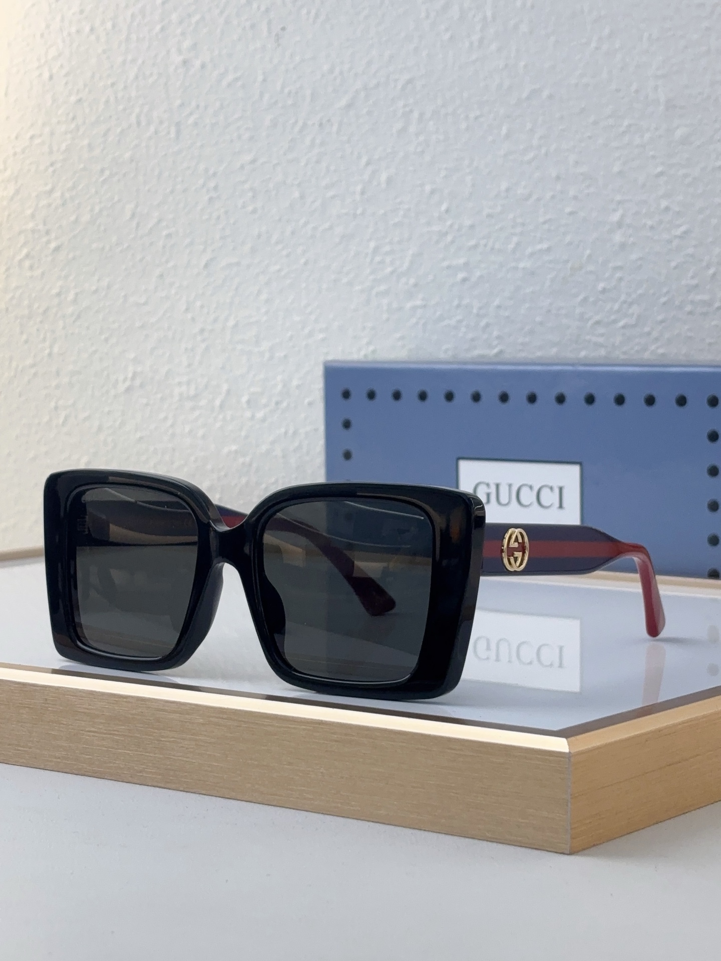Gucci Black Acetate Square Sunglasses with Web Stripe & Double G (Model: GG1315S)