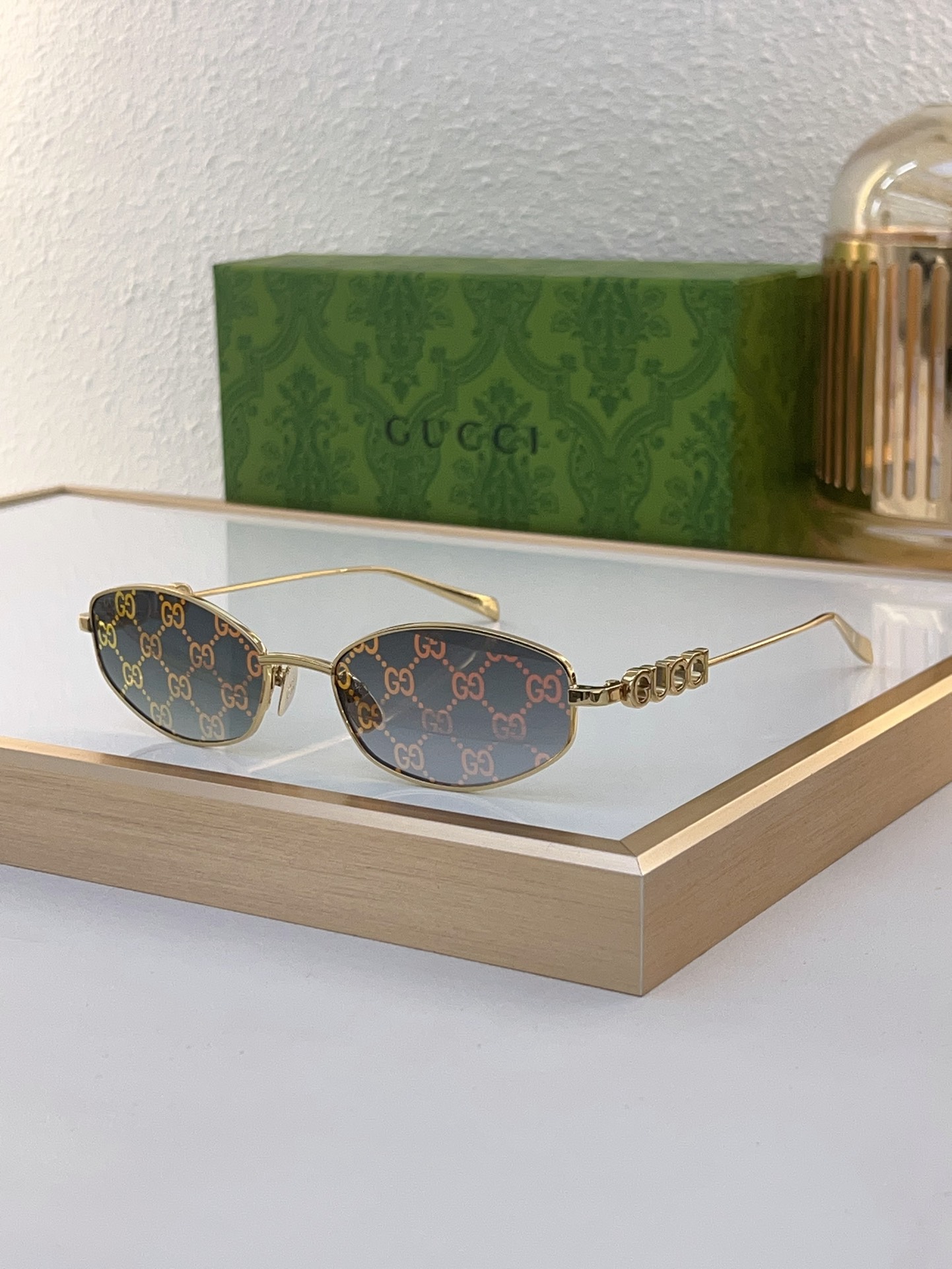 Gucci Gold - Tone Oval GG - Patterned Sunglasses (Model: GG1303S)