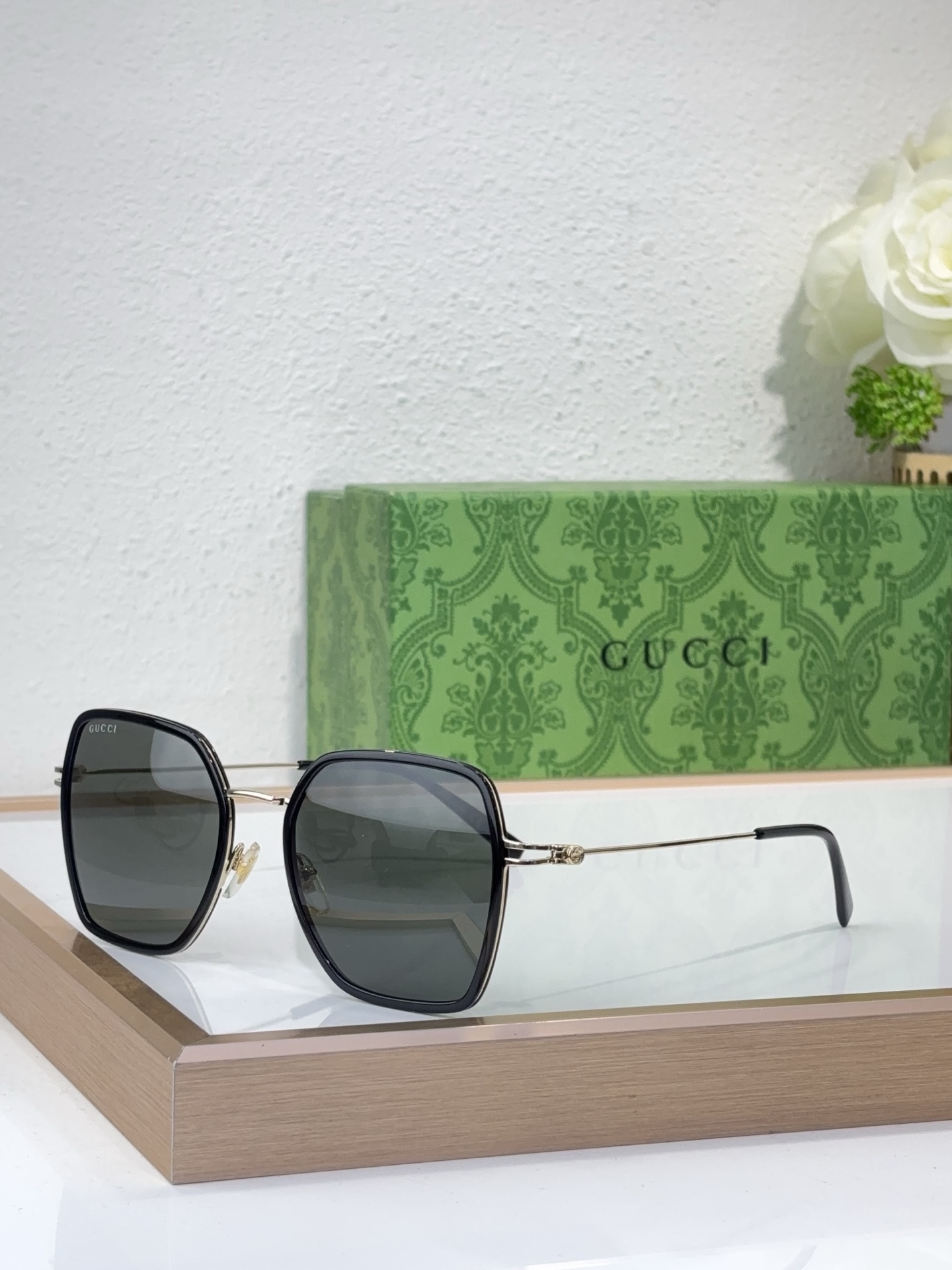 Gucci Square Metal - Rimmed Sunglasses with Gold - Tone Accents & Gray Lenses (Model: GG1298S)