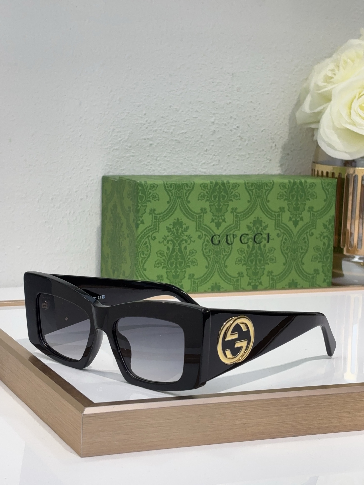 Gucci Black Acetate Square - Cat - Eye Sunglasses with Gold Double G & Gradient Gray Lenses (Model: GG1295S)