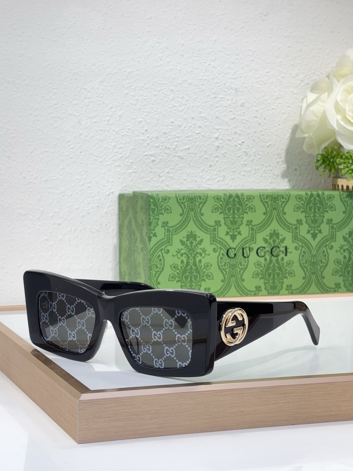Gucci Black Acetate Square - Cat - Eye Sunglasses with GG - Patterned Lenses & Gold Double G (Model: GG1294S)