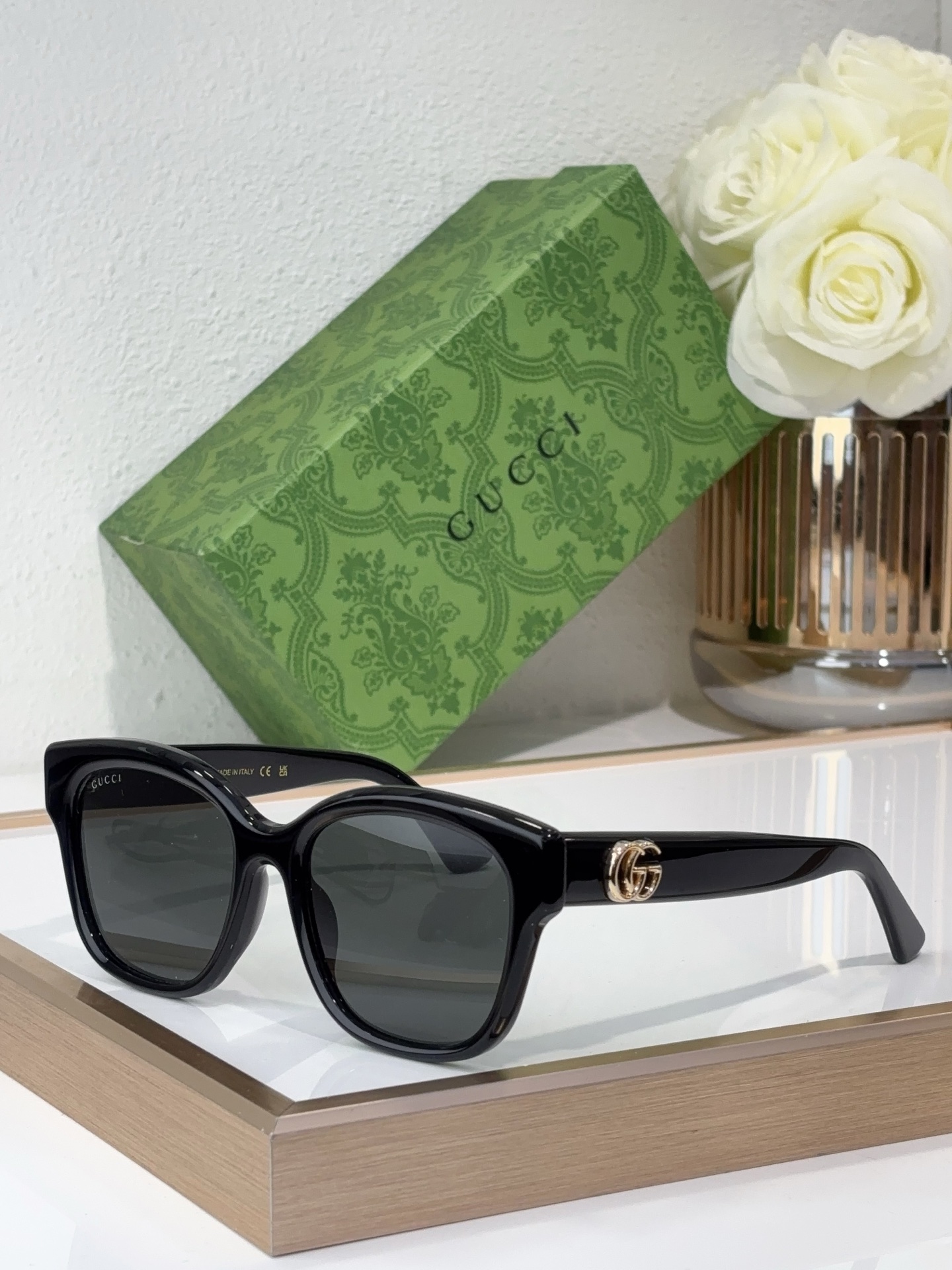 Gucci Square - Cat - Eye Black Acetate Sunglasses with Gold - Tone Double G Temple Accents & Gray Lenses (Model: GG1288S)