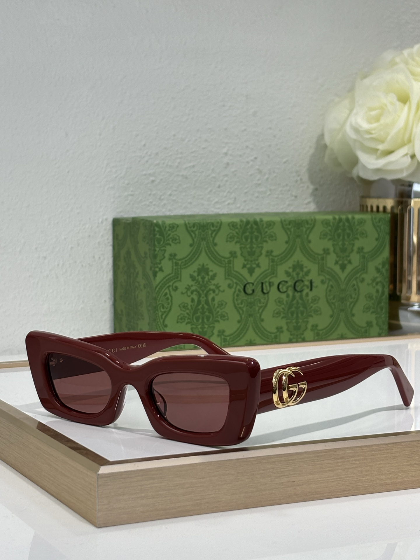 Gucci Cat - Eye Burgundy Acetate Sunglasses with Gold - Tone Double G Temple Accents & Brown Lenses (Model: GG1287S)