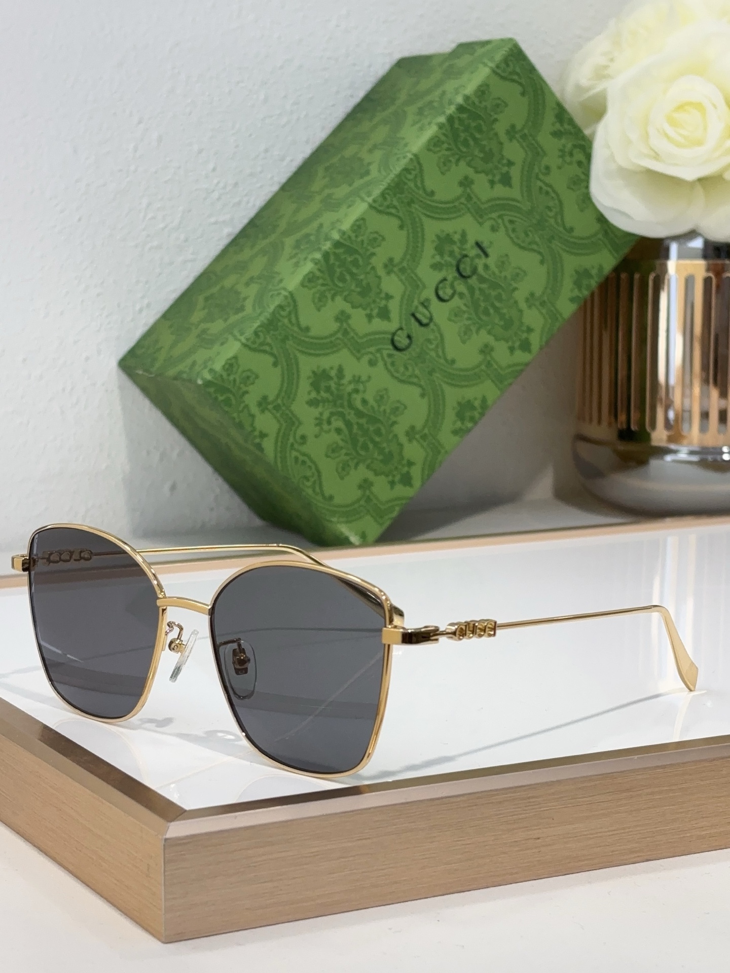 Gucci Square - Cat - Eye Gold - Tone Metal Sunglasses with Branded Temple Accents & Gray Lenses (Model: GG1279S)