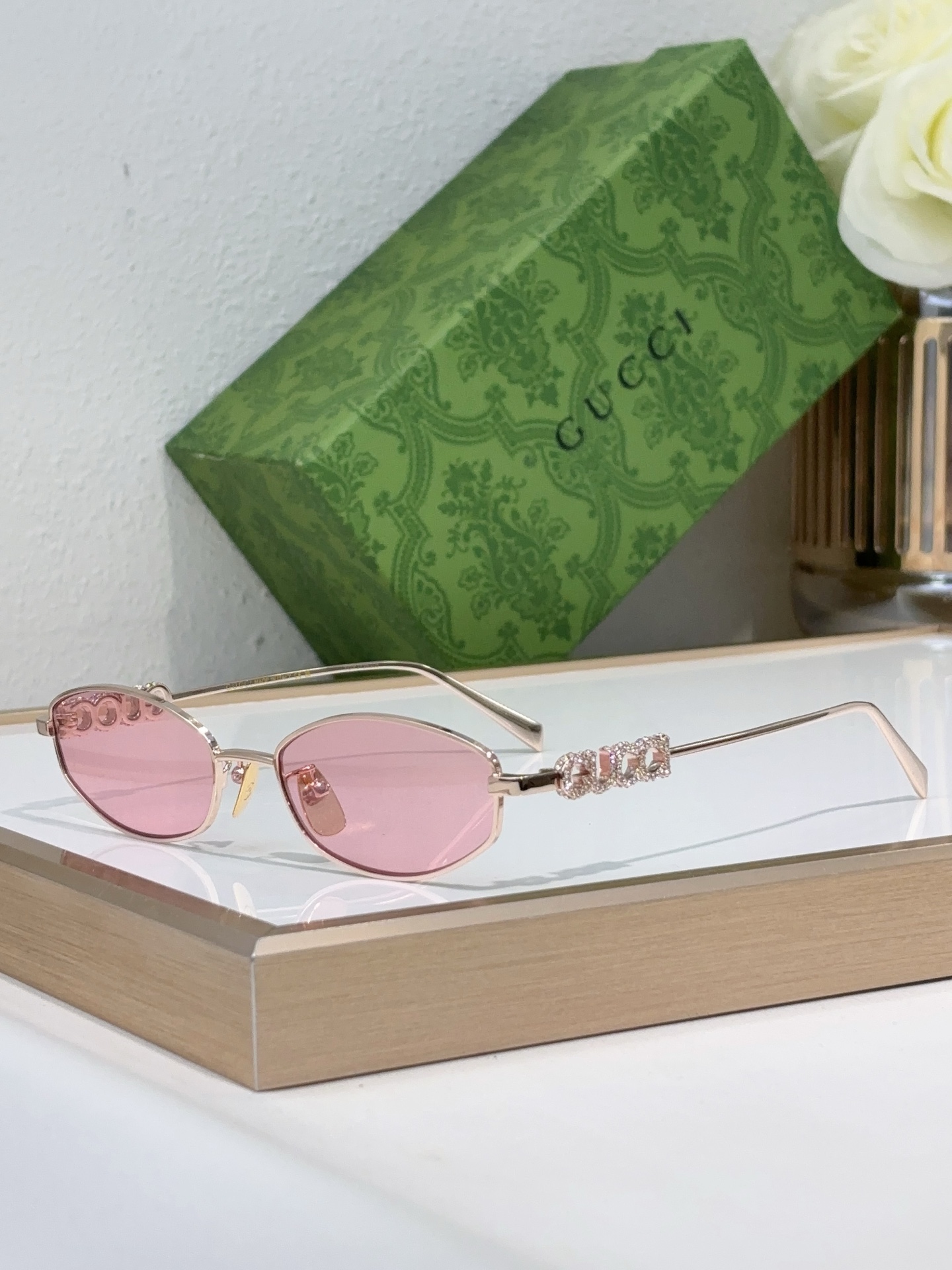 Gucci Oval Gold - Tone Metal Sunglasses with Crystal - Embellished Temple Accents & Pink Lenses (Model: GG1276S)