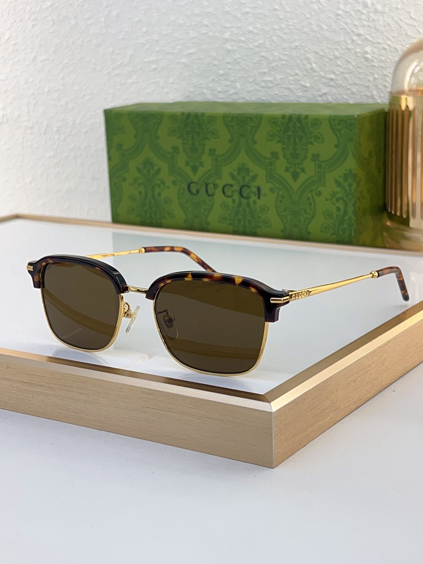 Gucci Square Semi - Rimless Tortoise - Effect Acetate & Gold - Tone Metal Sunglasses with Brown Lenses (Model: GG1271S)