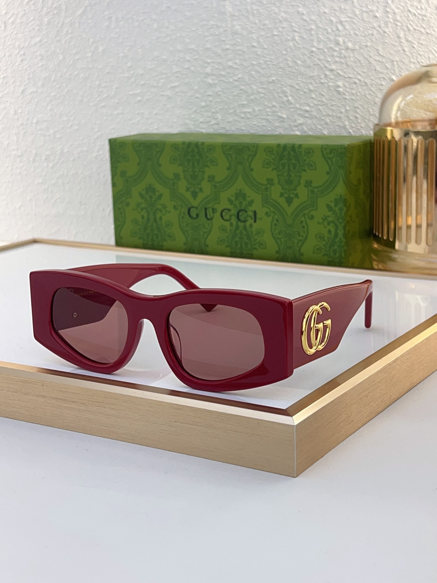 Gucci Cat - Eye Red Acetate Sunglasses with Gold - Tone Double G Temple Accents & Brown Lenses (Model: GG1270S)