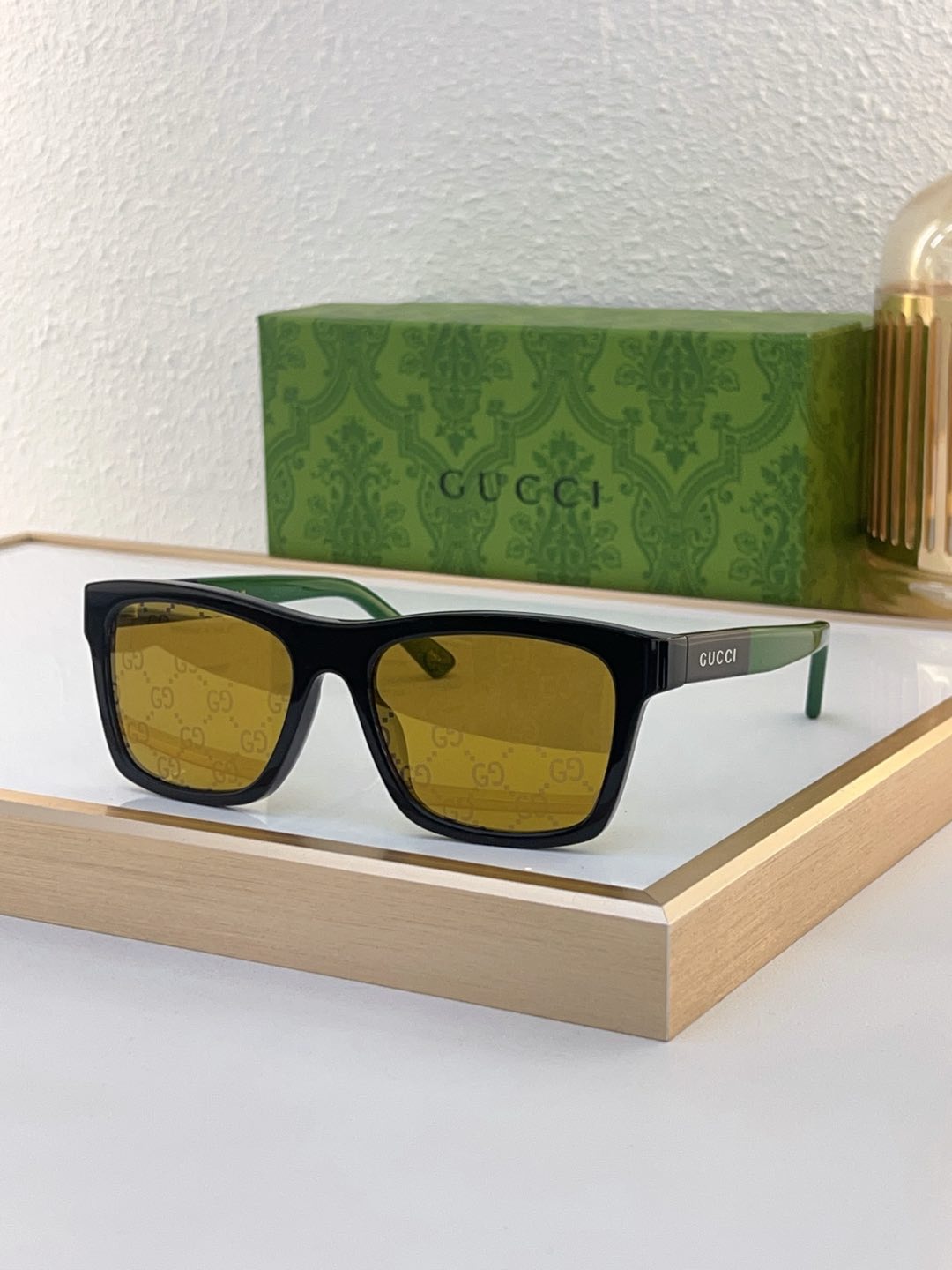 Gucci Square Black Acetate Sunglasses with Green Temple Accents & GG - Printed Yellow Lenses (Model: GG1266S)