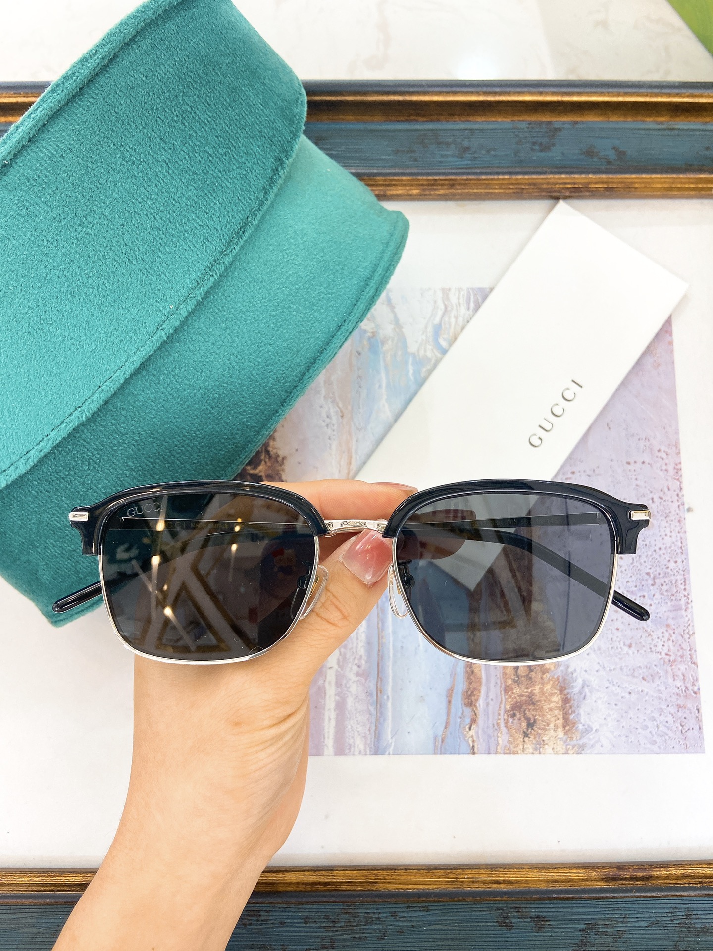 Gucci Square Semi - Rimless Black Acetate & Silver - Tone Metal Sunglasses with Gray Lenses (Model: GG1265S)