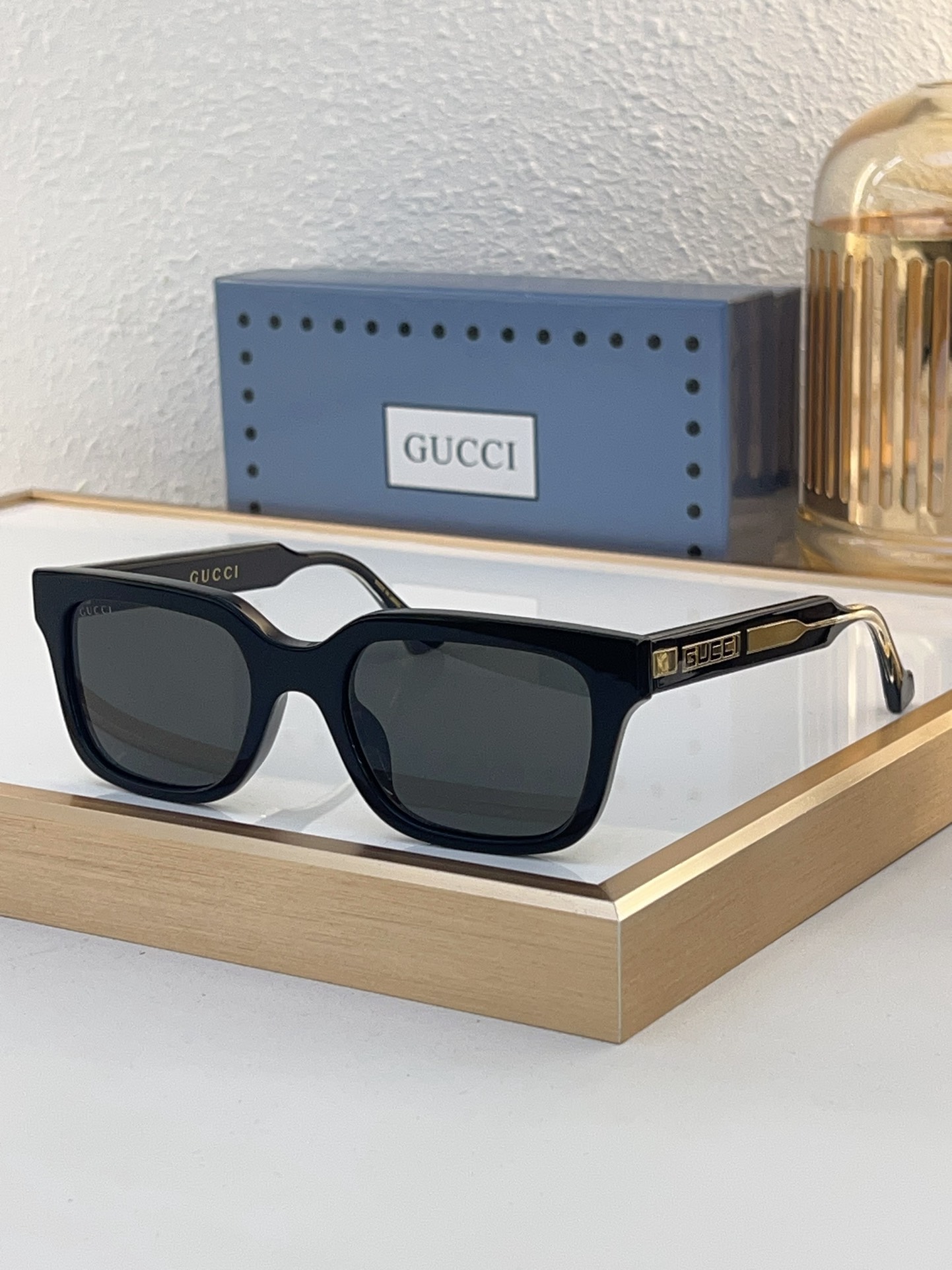 Gucci Square Black Acetate Sunglasses with Gold - Tone "GUCCI" Temple Accents & Dark Gray Lenses (Model: GG1263S)