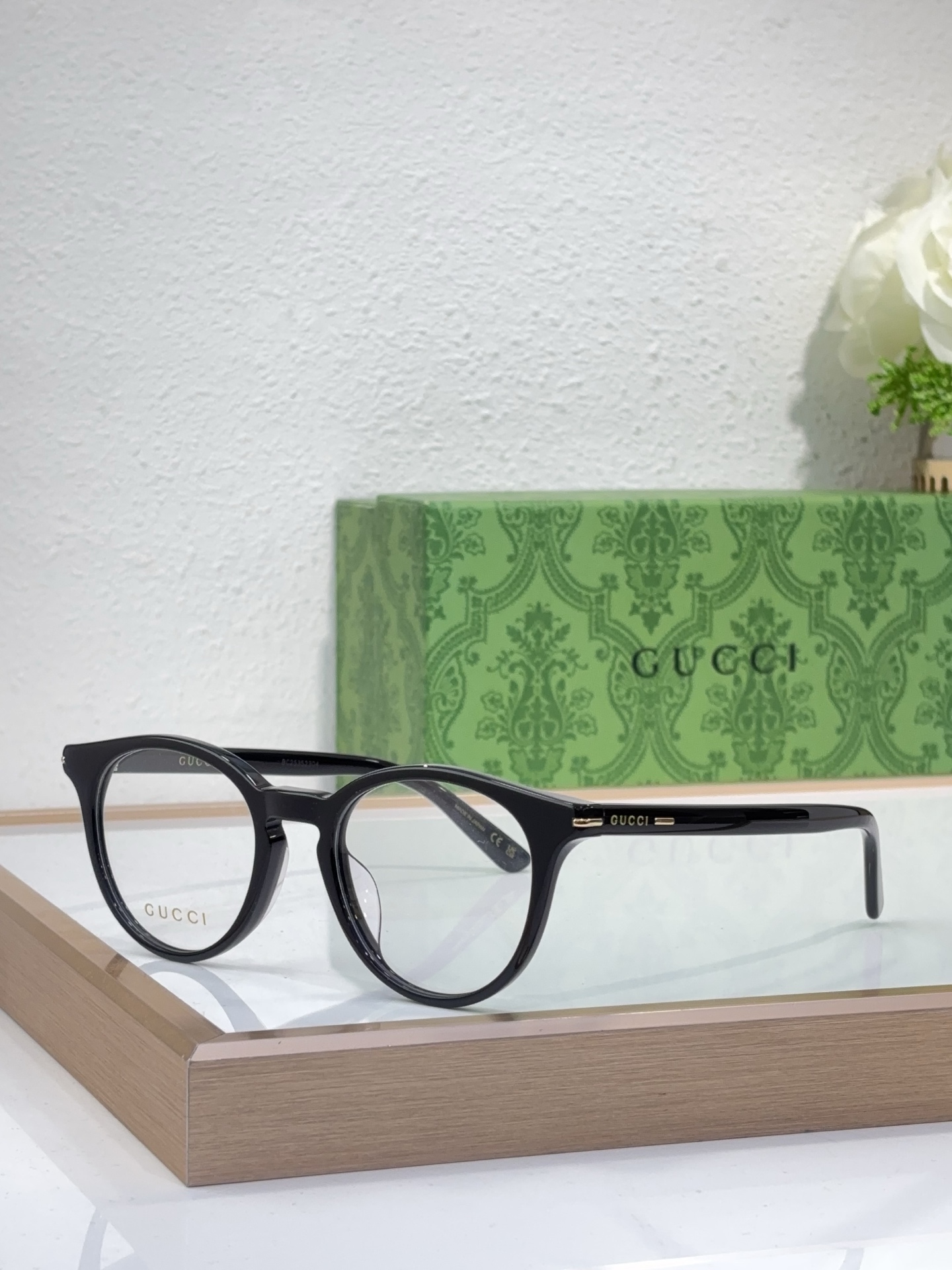Gucci Round Black Acetate Optical Eyeglasses with Gold - Toned Branded Temple Accents (Model: GG1261O)