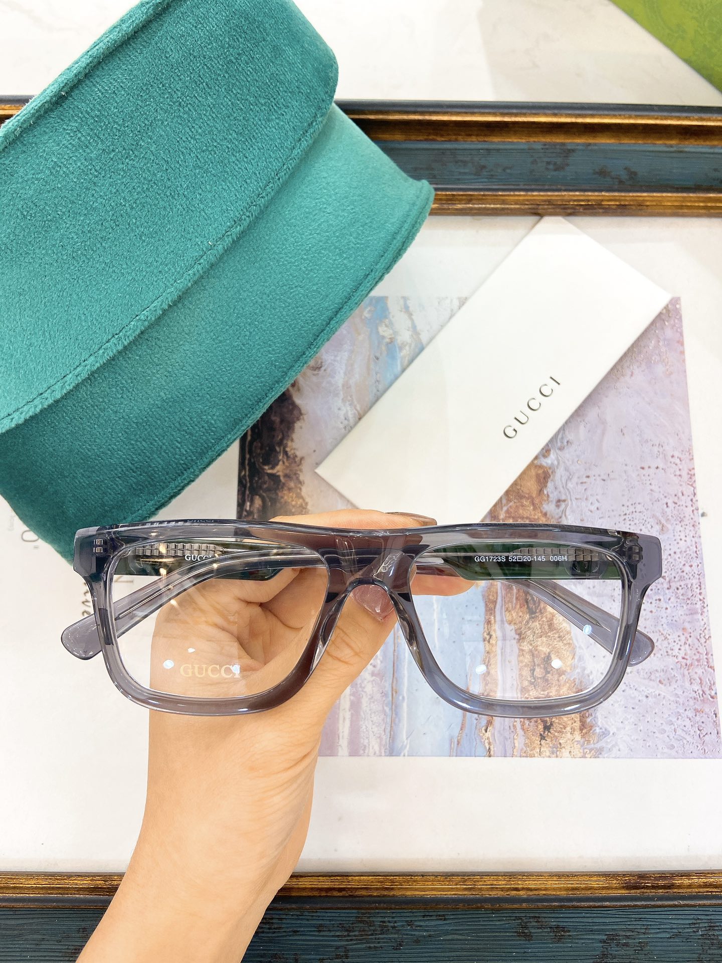 Gucci Square Transparent Gray Acetate Optical Eyeglasses (Model: GG1258O)