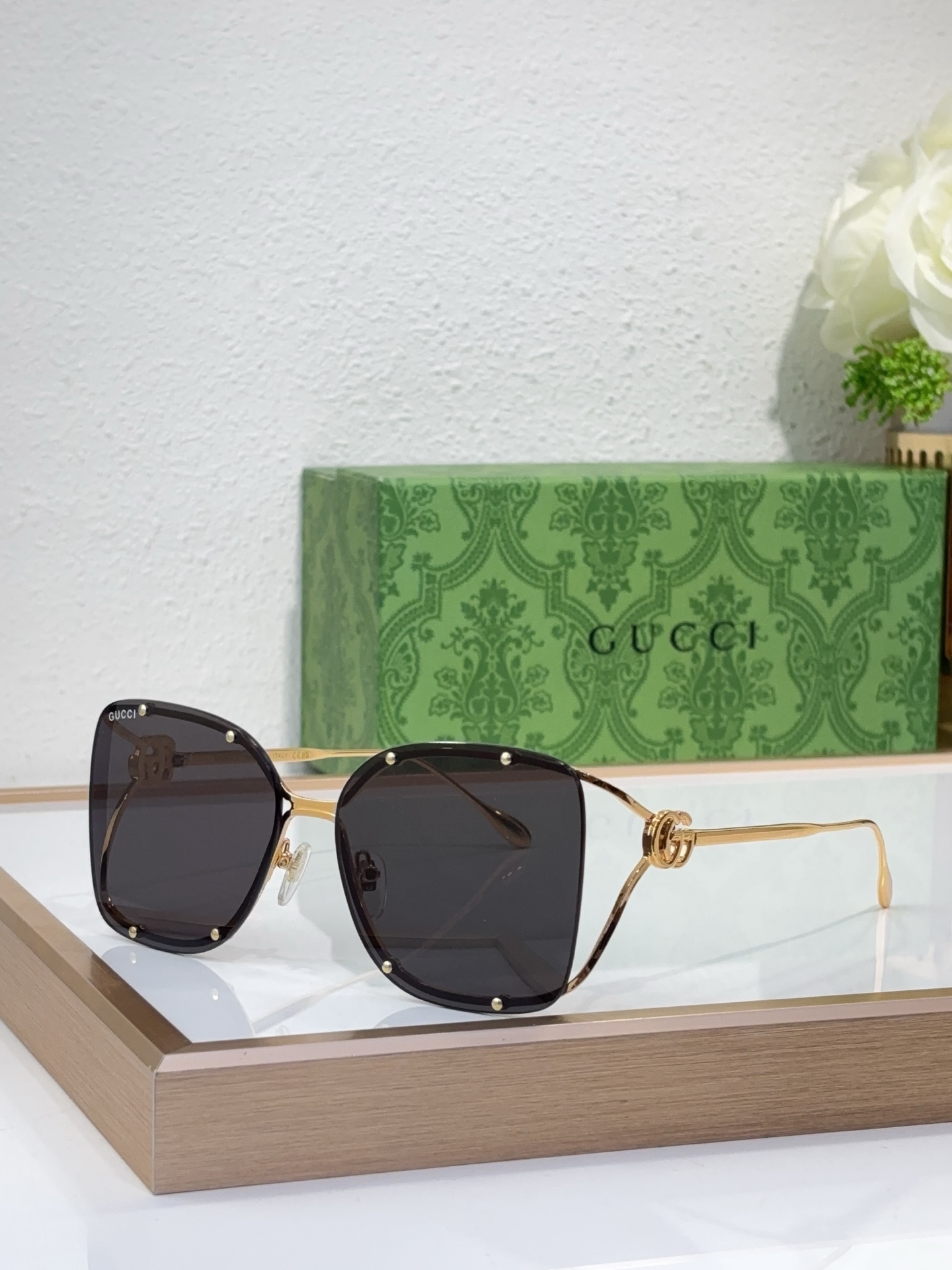 Gucci Square Semi - Rimless Black Acetate & Gold - Tone Metal Sunglasses with Rivet Detailing & Double G Temple Accents (Model: GG1254S)
