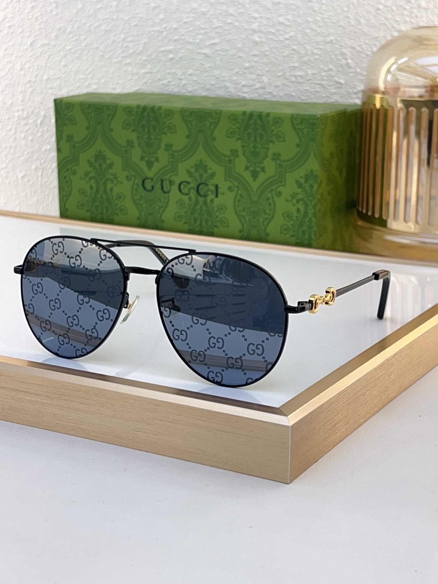 Gucci Aviator - Style Black Metal Sunglasses with GG - Printed Blue Lenses & Gold - Tone Double G Temple Accents (Model: GG1249S)