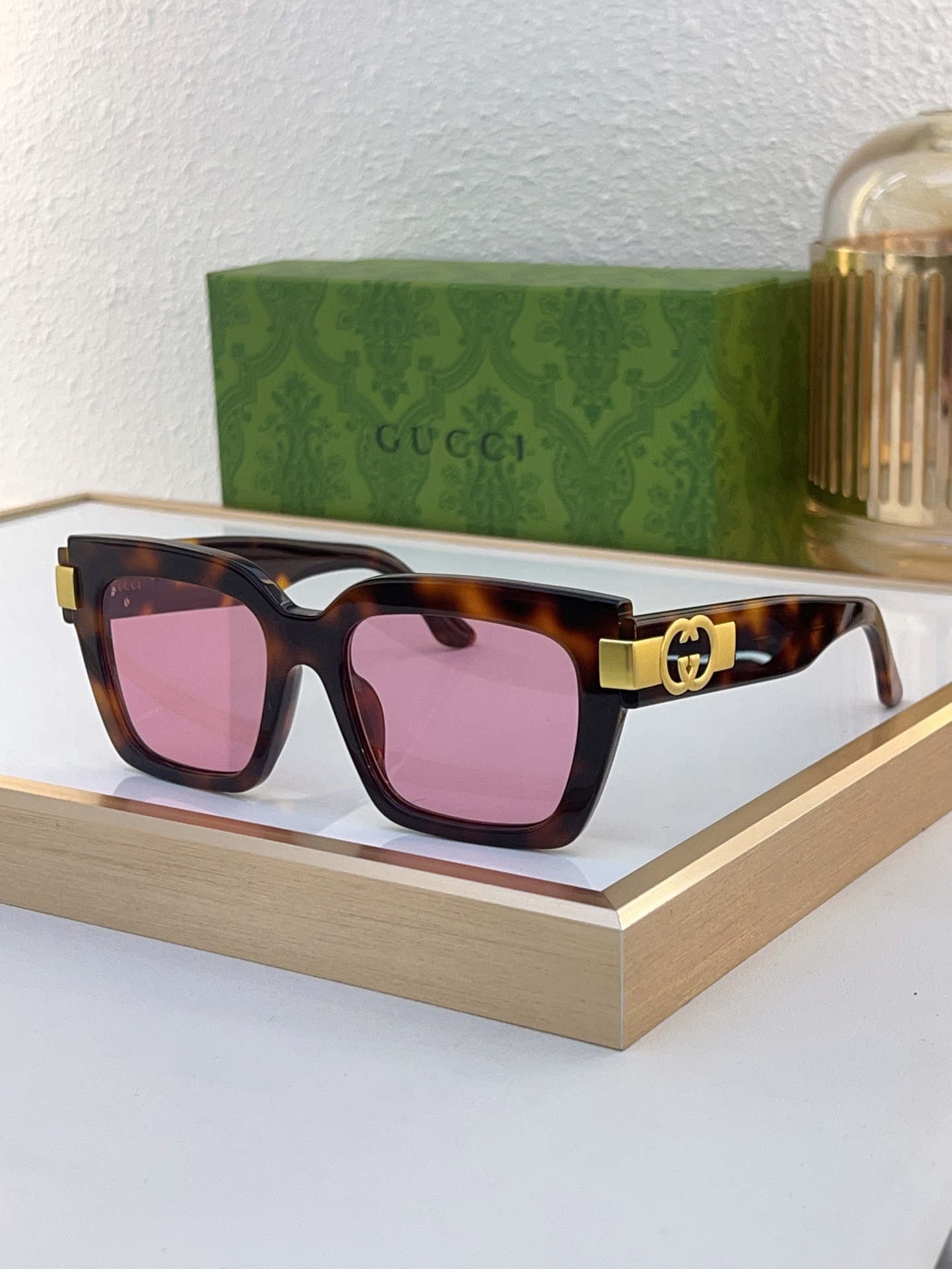 Gucci Square Tortoise - Effect Acetate Sunglasses with Gold - Tone Double G Accents & Pink Lenses (Model: GG1243S)
