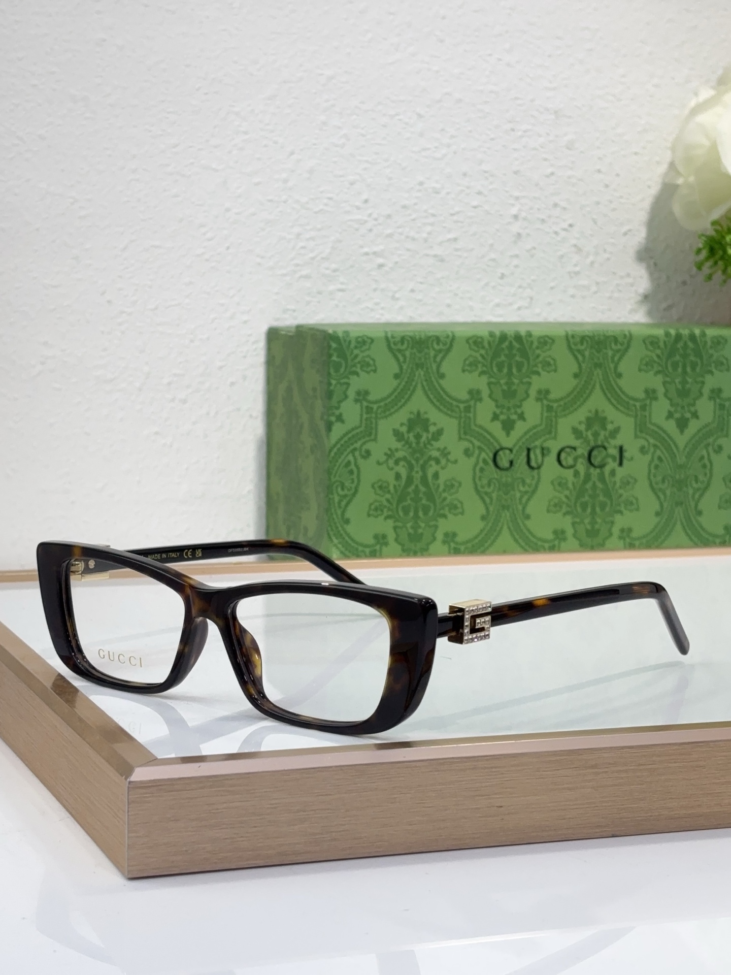 Gucci Square Tortoise - Effect Acetate Optical Eyeglasses with Crystal - Embellished Metal Temple Accents (Model: GG1239O)