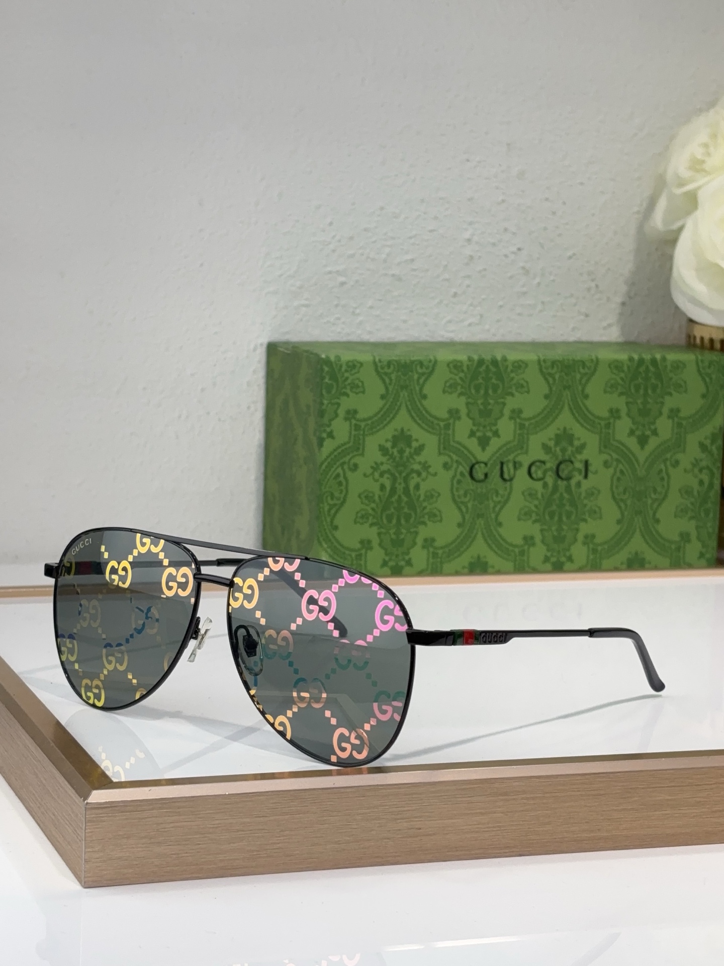 Gucci Aviator - Style Black Metal Sunglasses with Colorful GG - Print Lenses & Web Stripe Temples (Model: GG1234S)