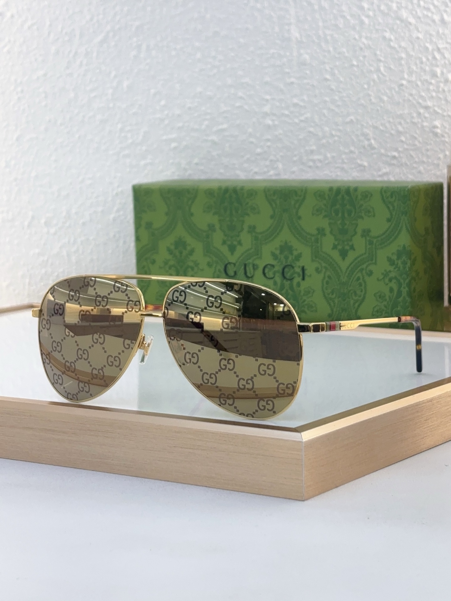 Gucci Aviator - Style Gold - Tone Metal Sunglasses with GG - Printed Brown Lenses & Web Stripe Temples (Model: GG8765S)