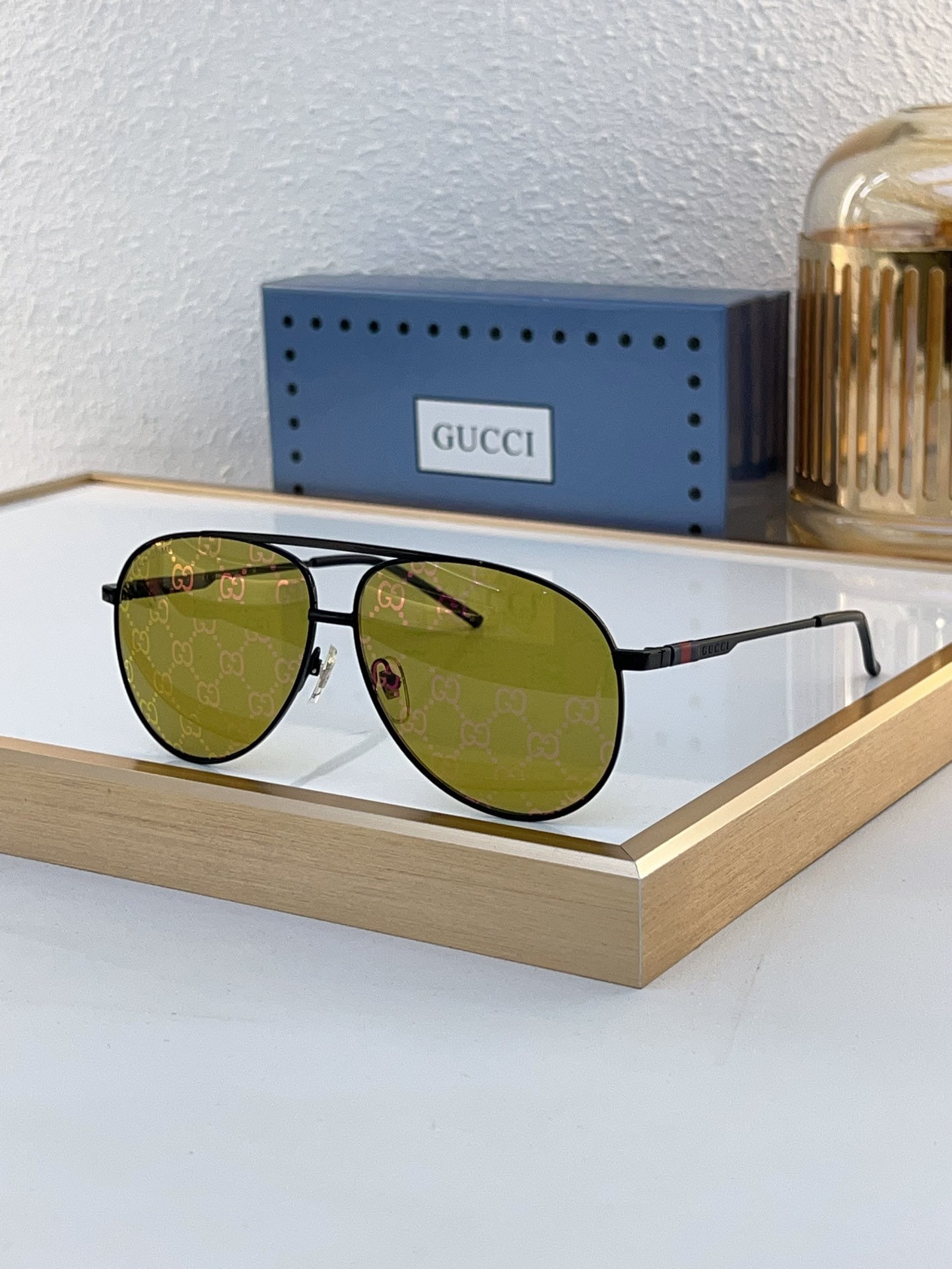 Gucci Aviator - Style Black - Tone Metal Sunglasses with GG - Printed Yellow Lenses (Model: GG1357S)